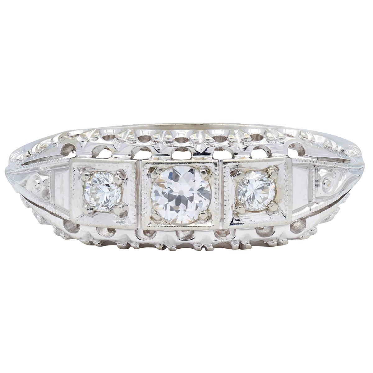 Jabel Mid-Century Diamond 18 Karat White Gold Vintage Fishtail Bombé Ring