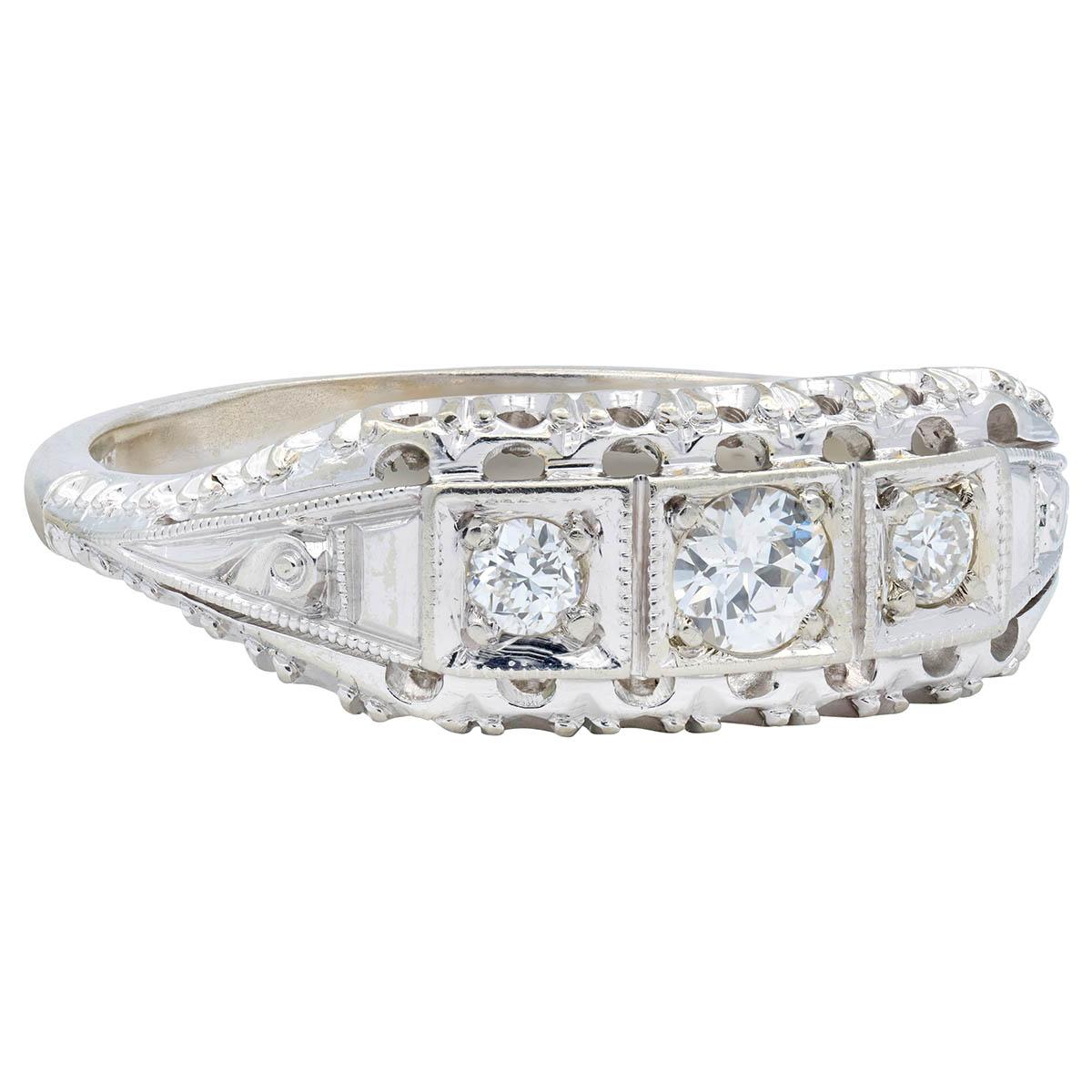 Jabel Mid-Century Diamond 18 Karat White Gold Vintage Fishtail Bombé Ring