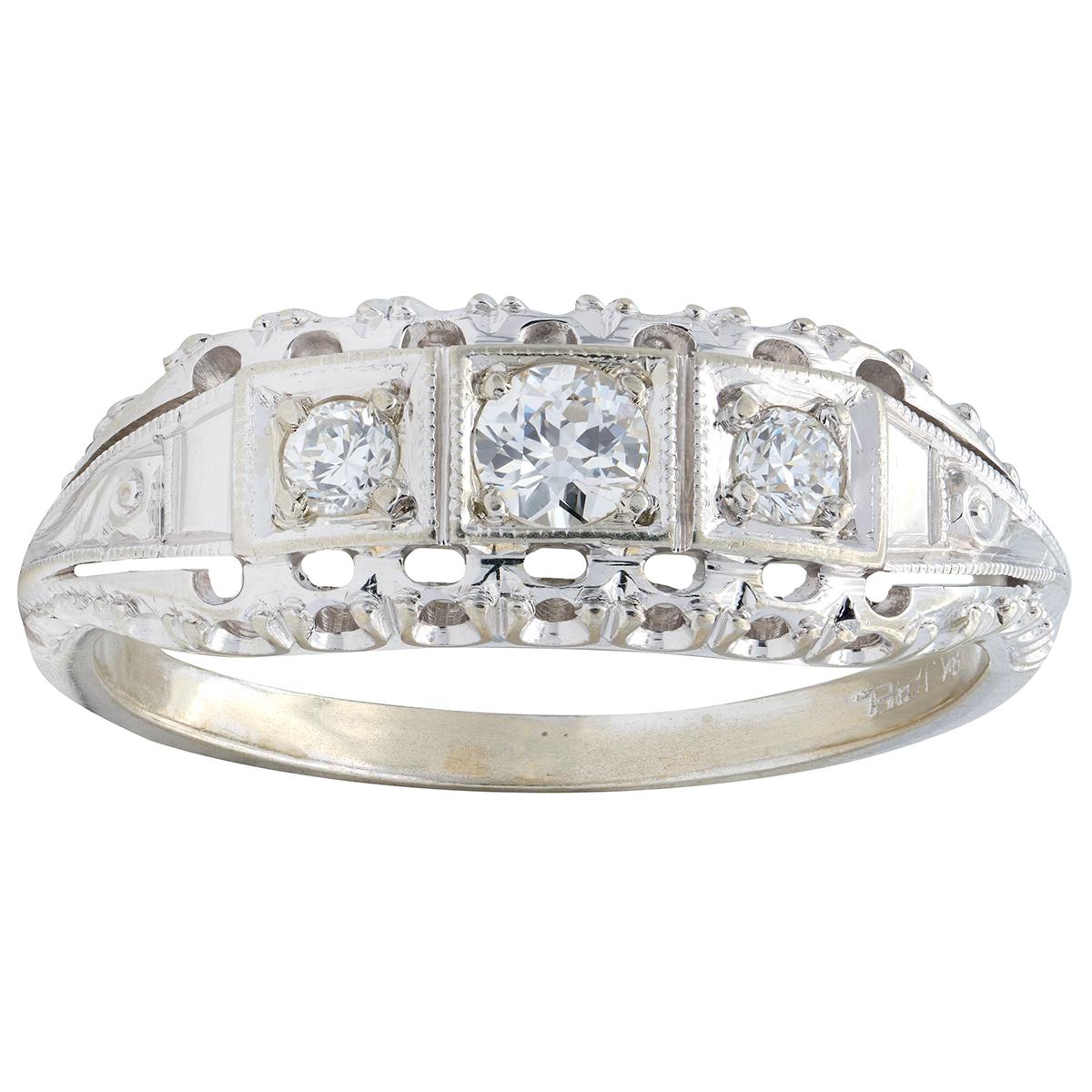 Jabel Mid-Century Diamond 18 Karat White Gold Vintage Fishtail Bombé Ring