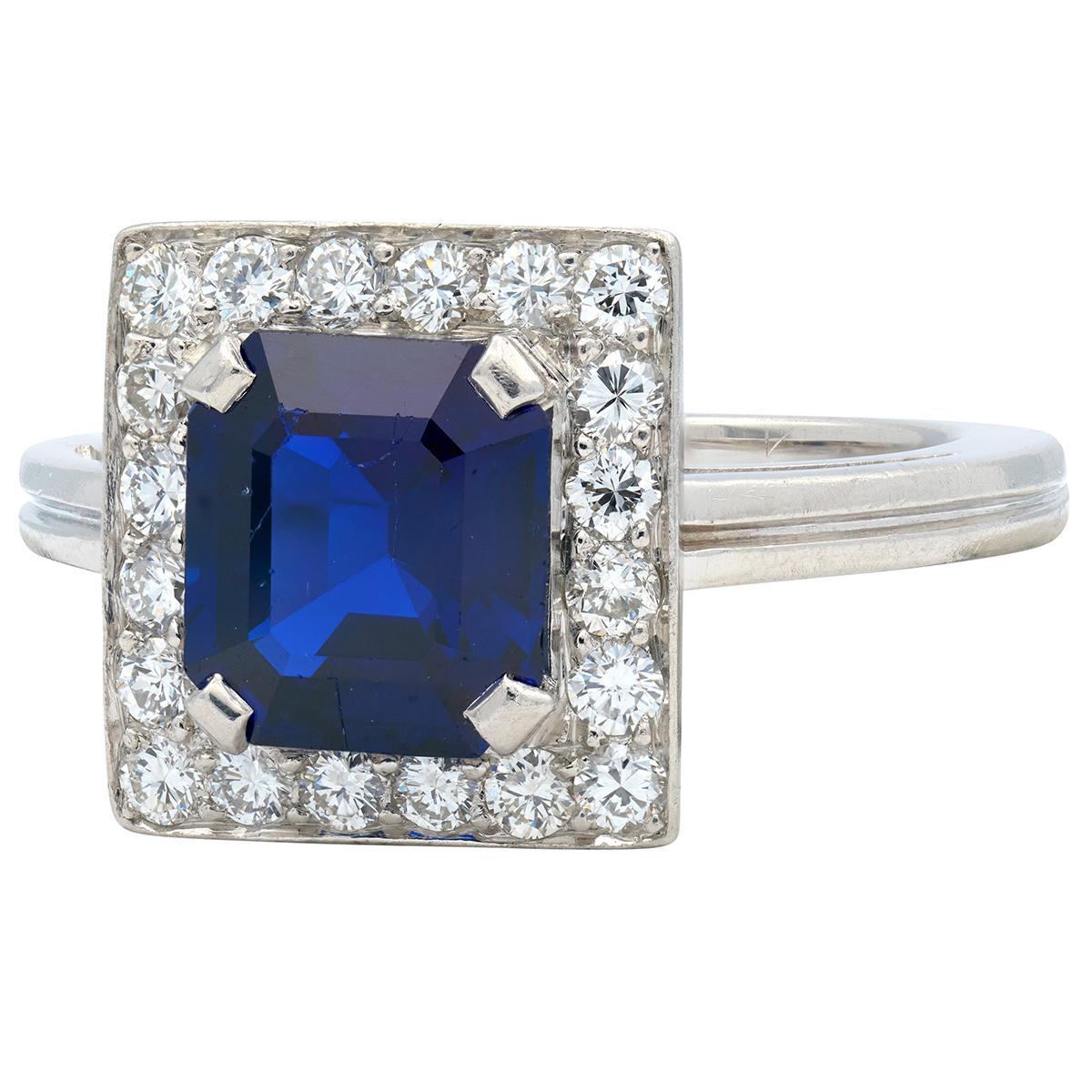 Tiffany & Co. Mid-Century No Heat Sapphire Diamond Platinum Vintage Halo Ring