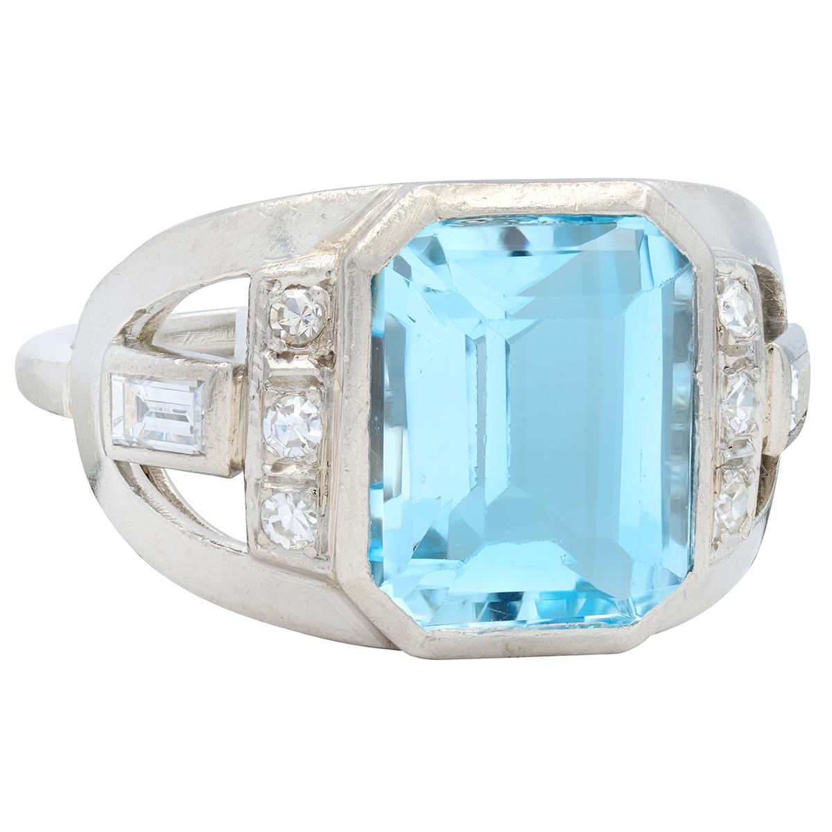 Art Deco 4.95 CTW Aquamarine Diamond Platinum Vintage Buckle Ring