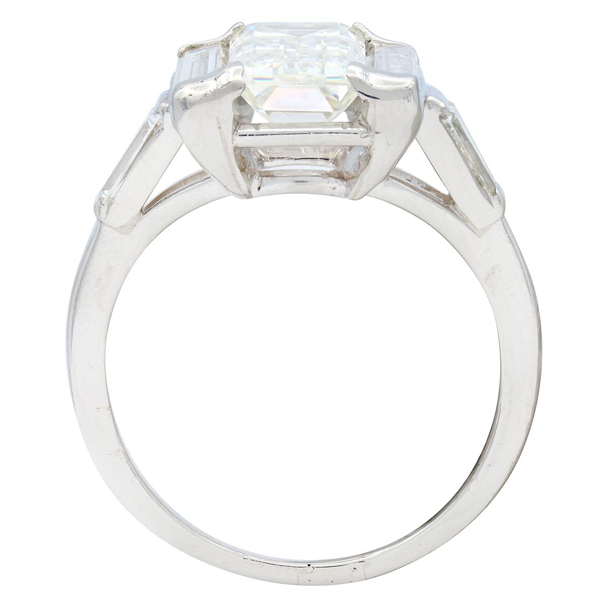 Vintage 4.25 CTW Elongated Emerald Cut Diamond Platinum Engagement Ring GIA