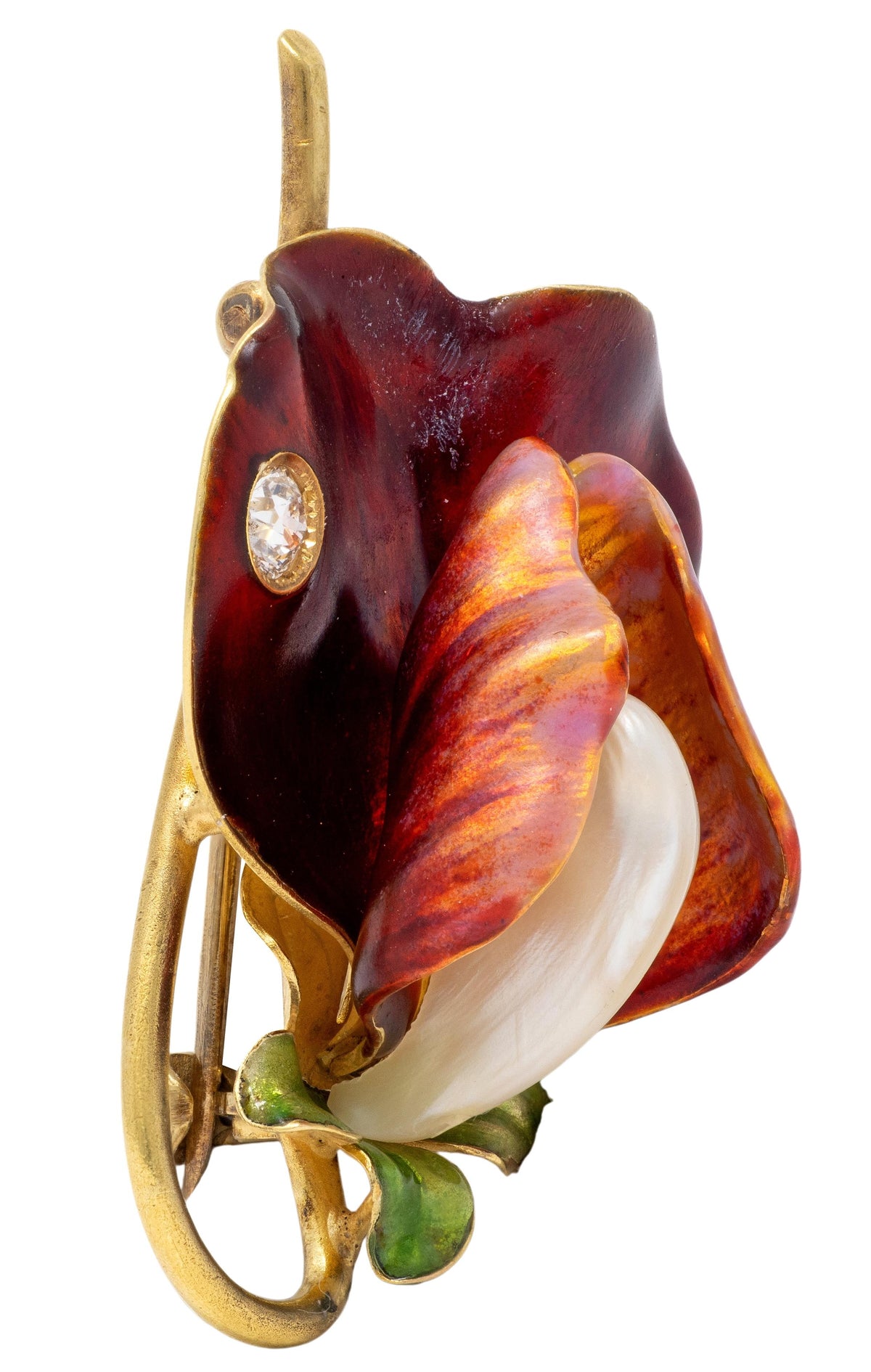 Bippart & Co. Art Nouveau Diamond Enamel Pearl 14K Gold Antique Flower Brooch