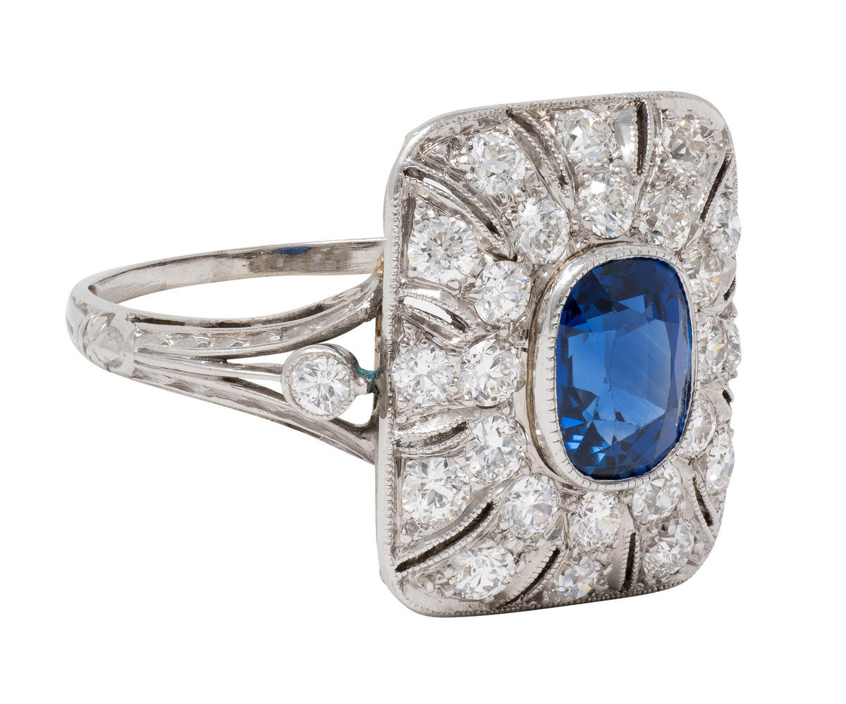 Edwardian Sapphire Diamond Platinum Scrolling Filigree Antique Dinner Ring