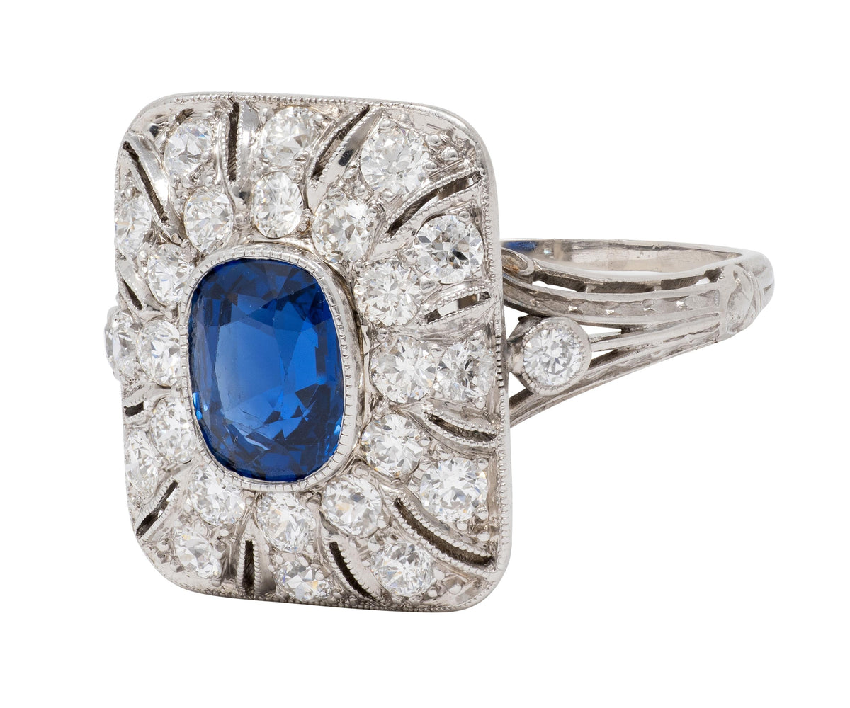 Edwardian Sapphire Diamond Platinum Scrolling Filigree Antique Dinner Ring