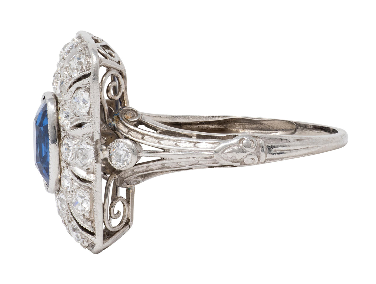 Edwardian Sapphire Diamond Platinum Scrolling Filigree Antique Dinner Ring