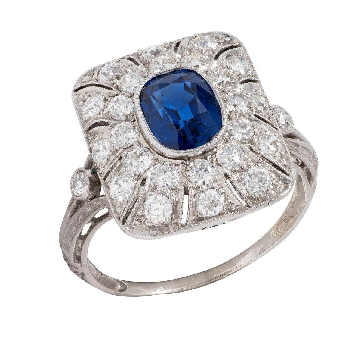 Edwardian Sapphire Diamond Platinum Scrolling Filigree Antique Dinner Ring