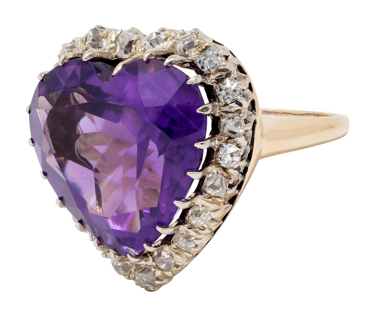 Retro Amethyst Diamond 14 Karat Two-Tone Gold Vintage Heart Halo Ring
