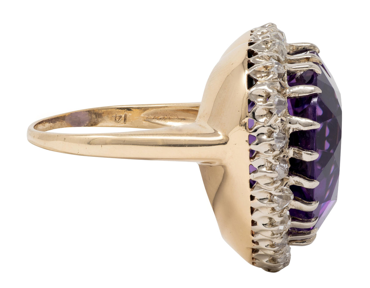 Retro Amethyst Diamond 14 Karat Two-Tone Gold Vintage Heart Halo Ring