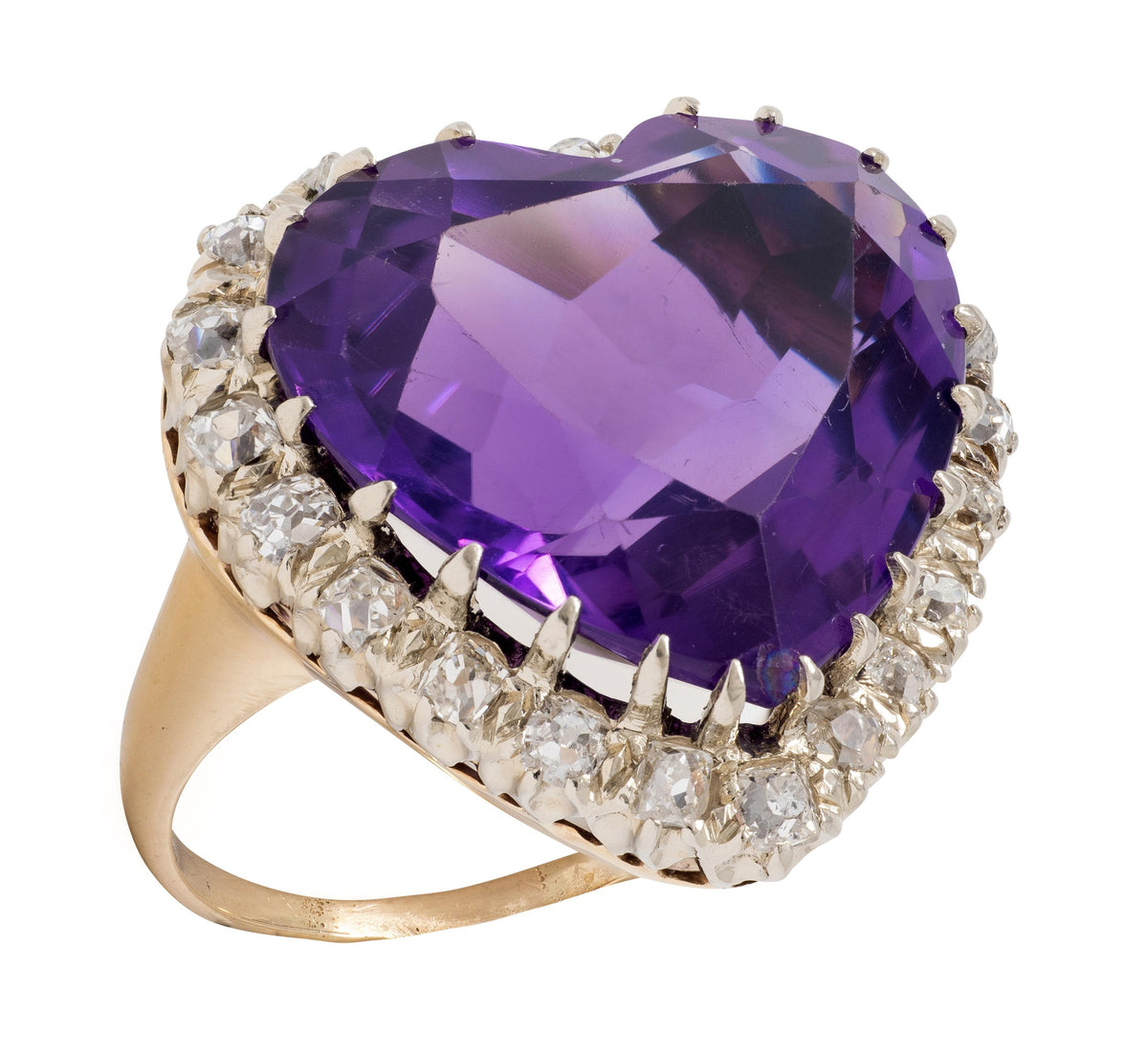 Retro Amethyst Diamond 14 Karat Two-Tone Gold Vintage Heart Halo Ring