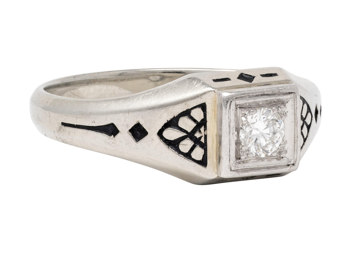 Bailey Banks & Biddle Art Deco Diamond Enamel 19K Gold Vintage Engagement Ring
