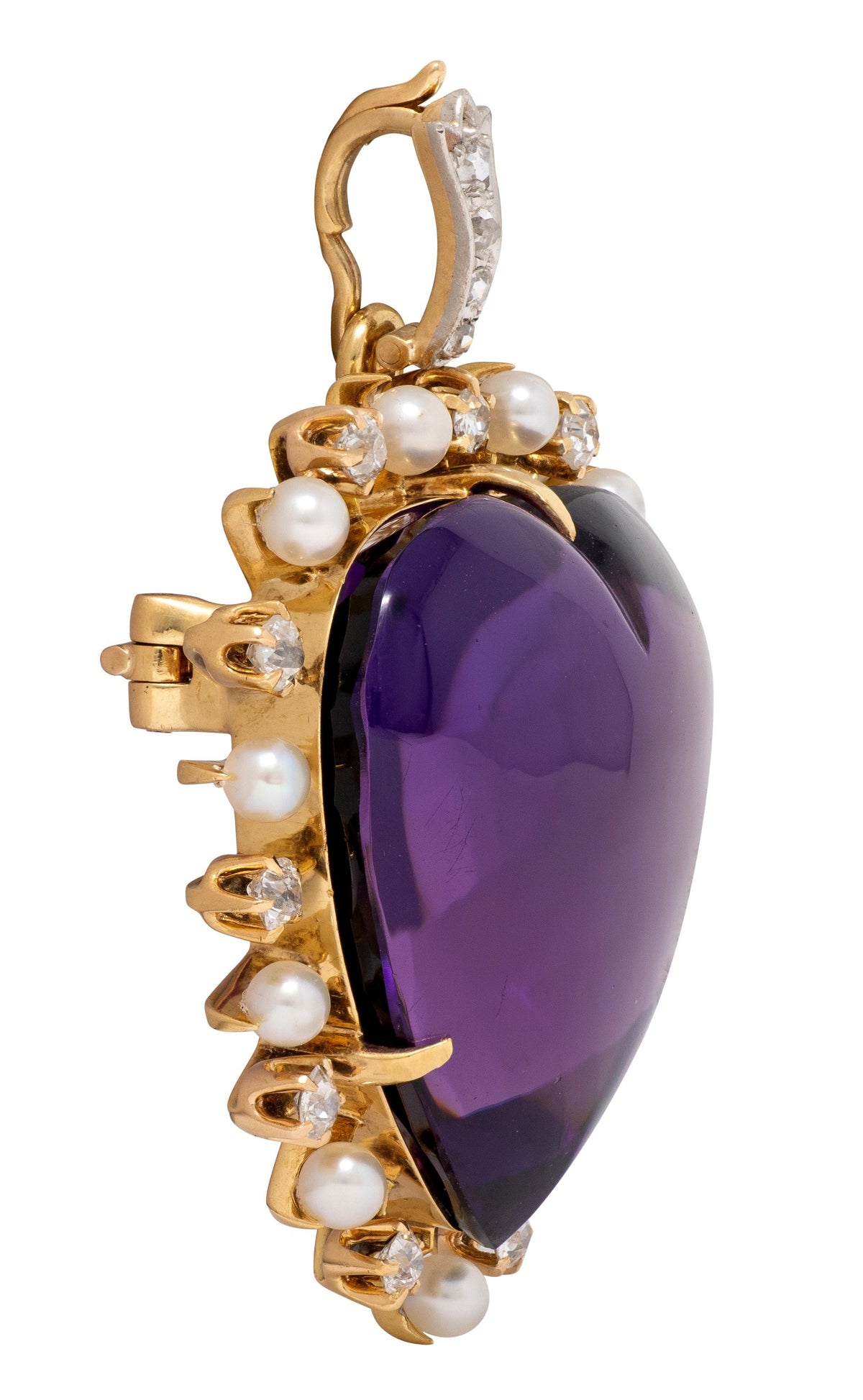 Victorian Amethyst Diamond Pearl 18K Gold Platinum Antique Heart Pendant Brooch