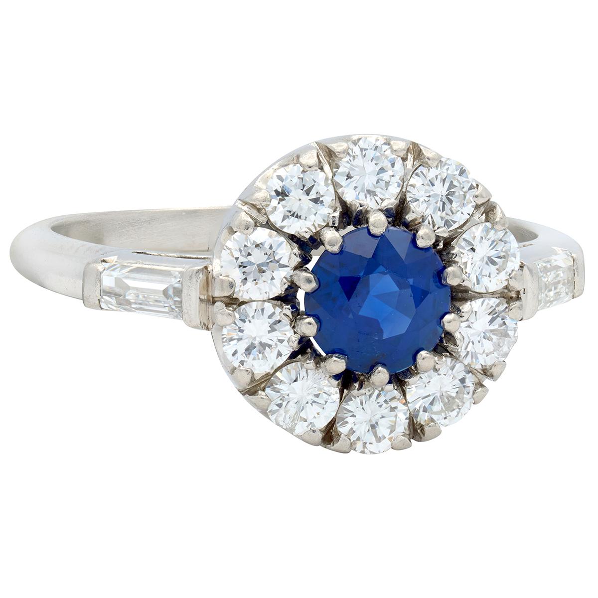Mid-Century 1.82 CTW Round Cut Sapphire Diamond Platinum Vintage Halo Ring