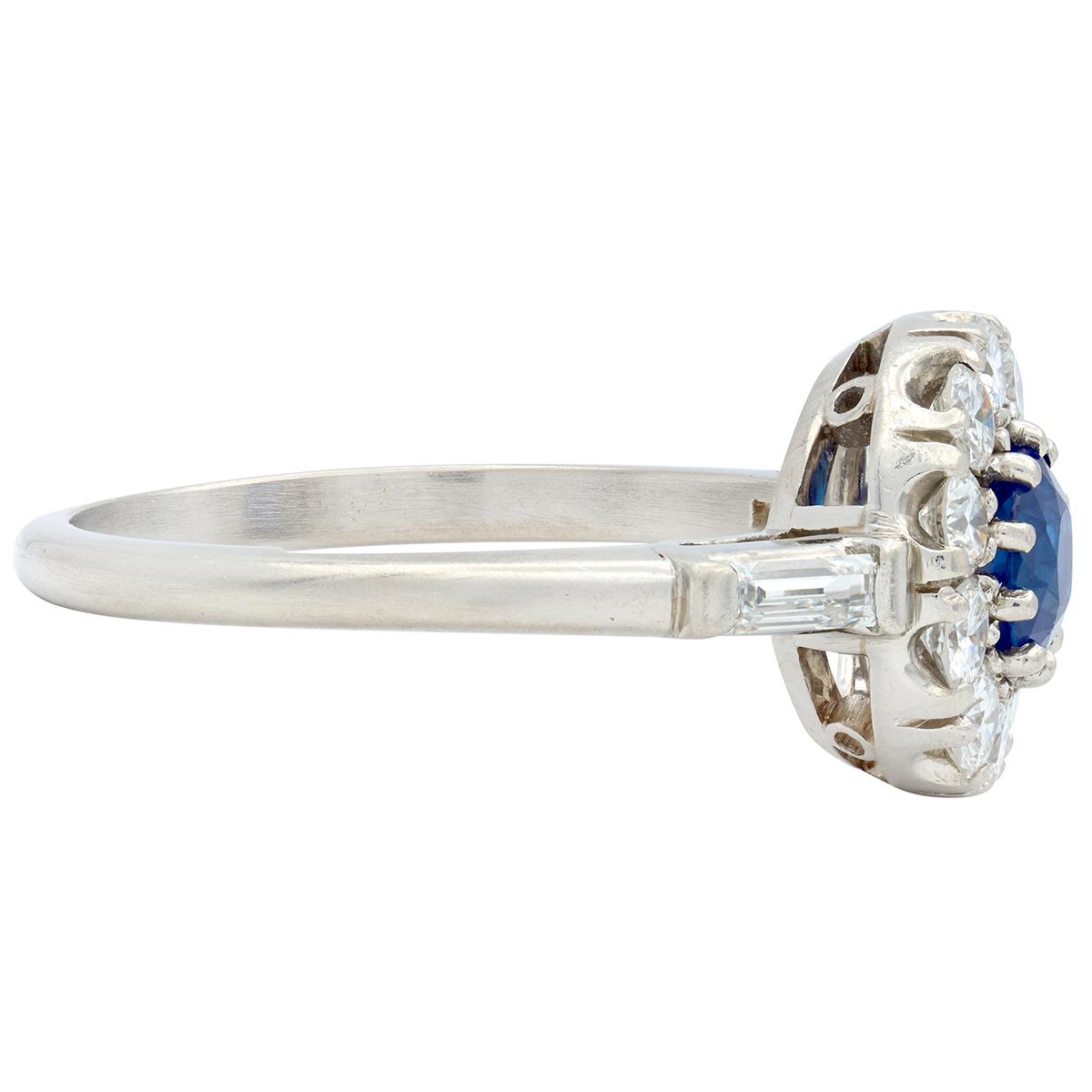 Mid-Century 1.82 CTW Round Cut Sapphire Diamond Platinum Vintage Halo Ring