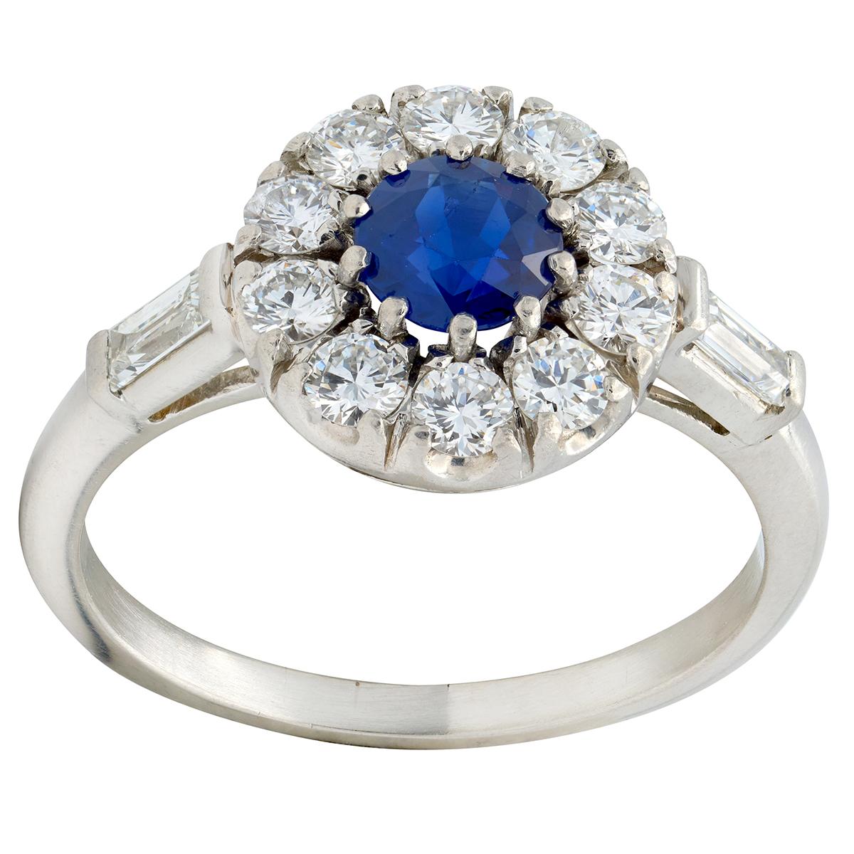 Mid-Century 1.82 CTW Round Cut Sapphire Diamond Platinum Vintage Halo Ring