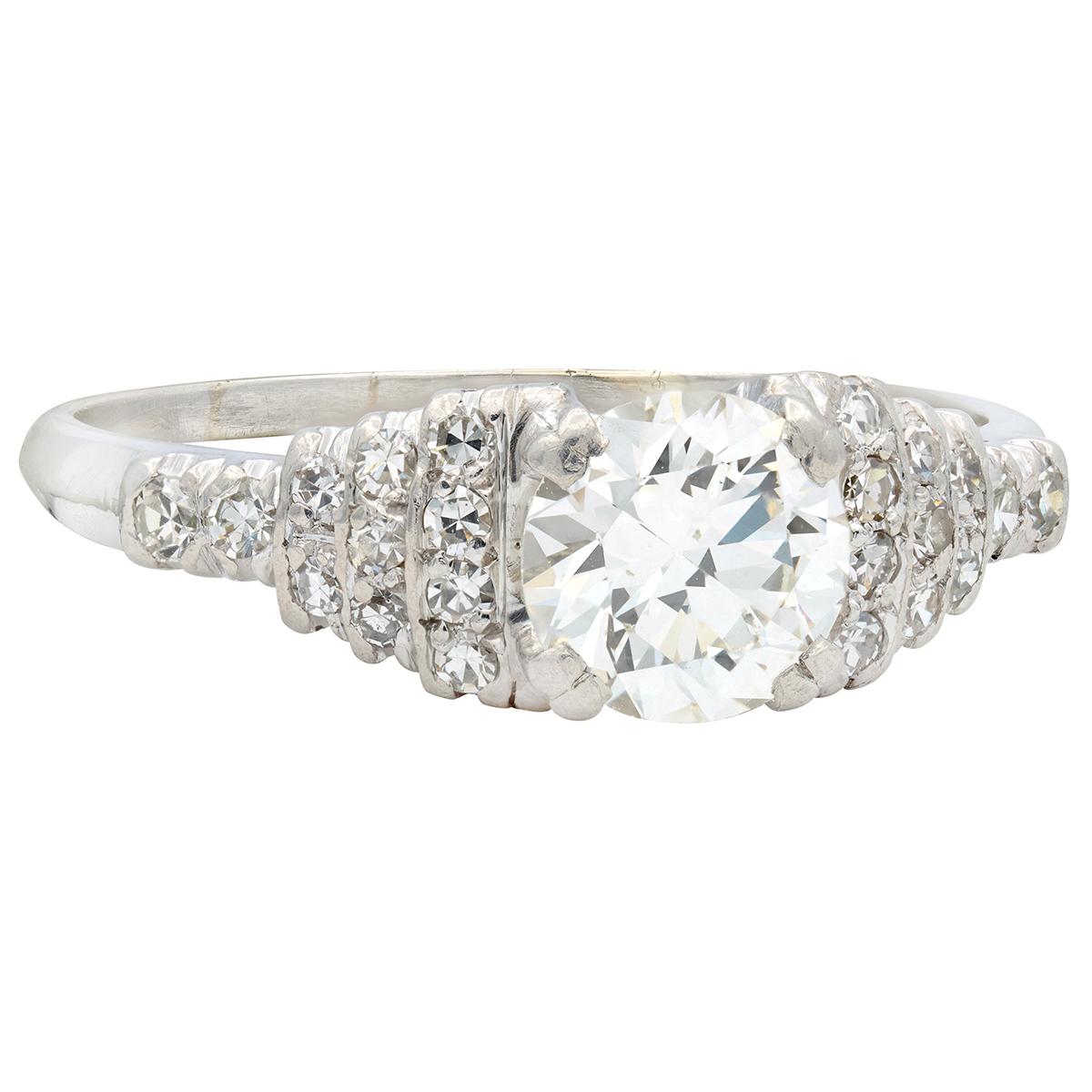 Mid-Century Old European Cut Diamond Platinum Stepped Fishtail Engagement Ring