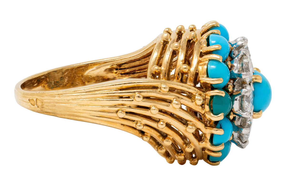 Cartier Paris 1960's Turquoise Diamond Platinum 18K Gold Vintage Cluster Ring