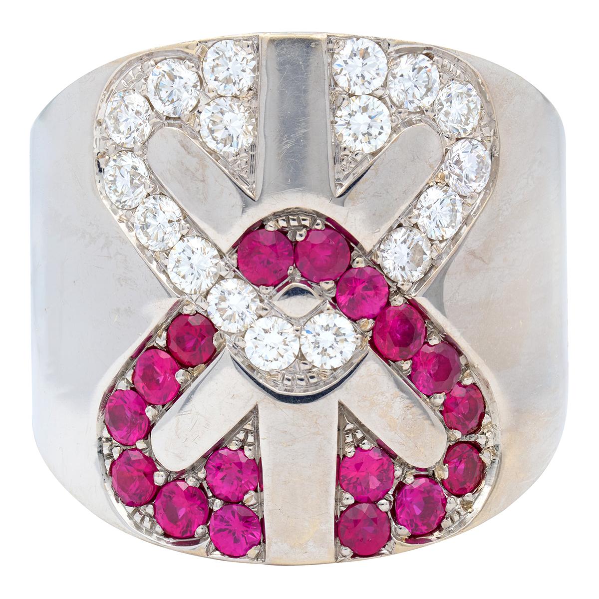 Engima By Gianni Bulgari 2000's Diamond Ruby 18 Karat White Gold Arrow Cuff Ring