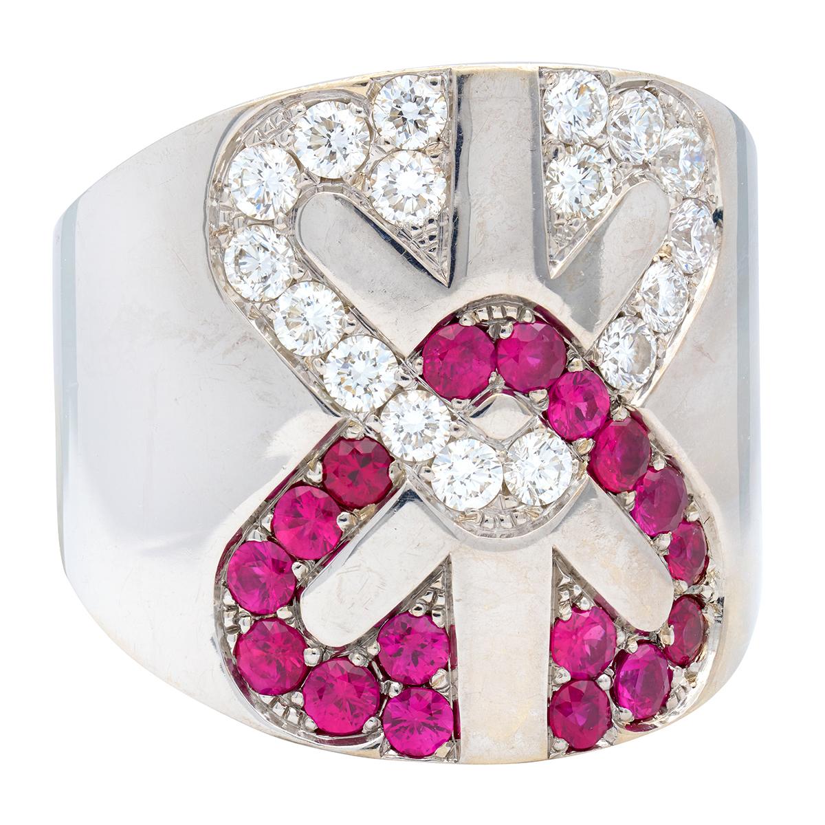 Engima By Gianni Bulgari 2000's Diamond Ruby 18 Karat White Gold Arrow Cuff Ring