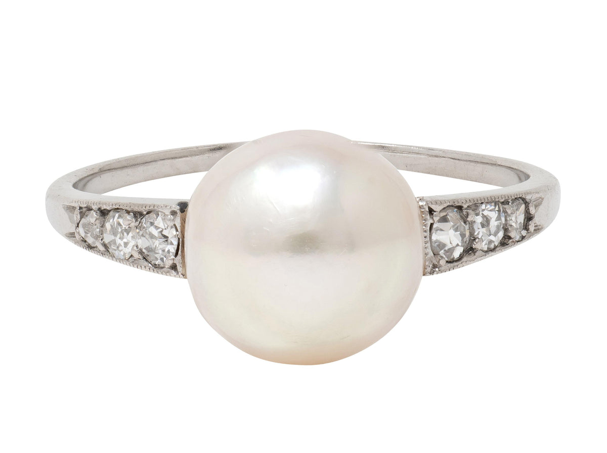 Edwardian Natural Saltwater Pinctada Pearl Diamond Platinum Antique Ring GIA