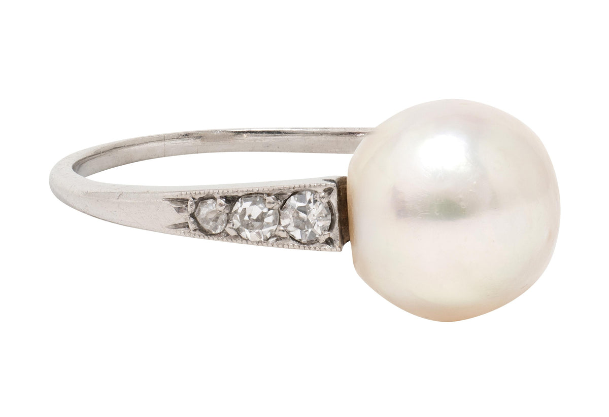 Edwardian Natural Saltwater Pinctada Pearl Diamond Platinum Antique Ring GIA