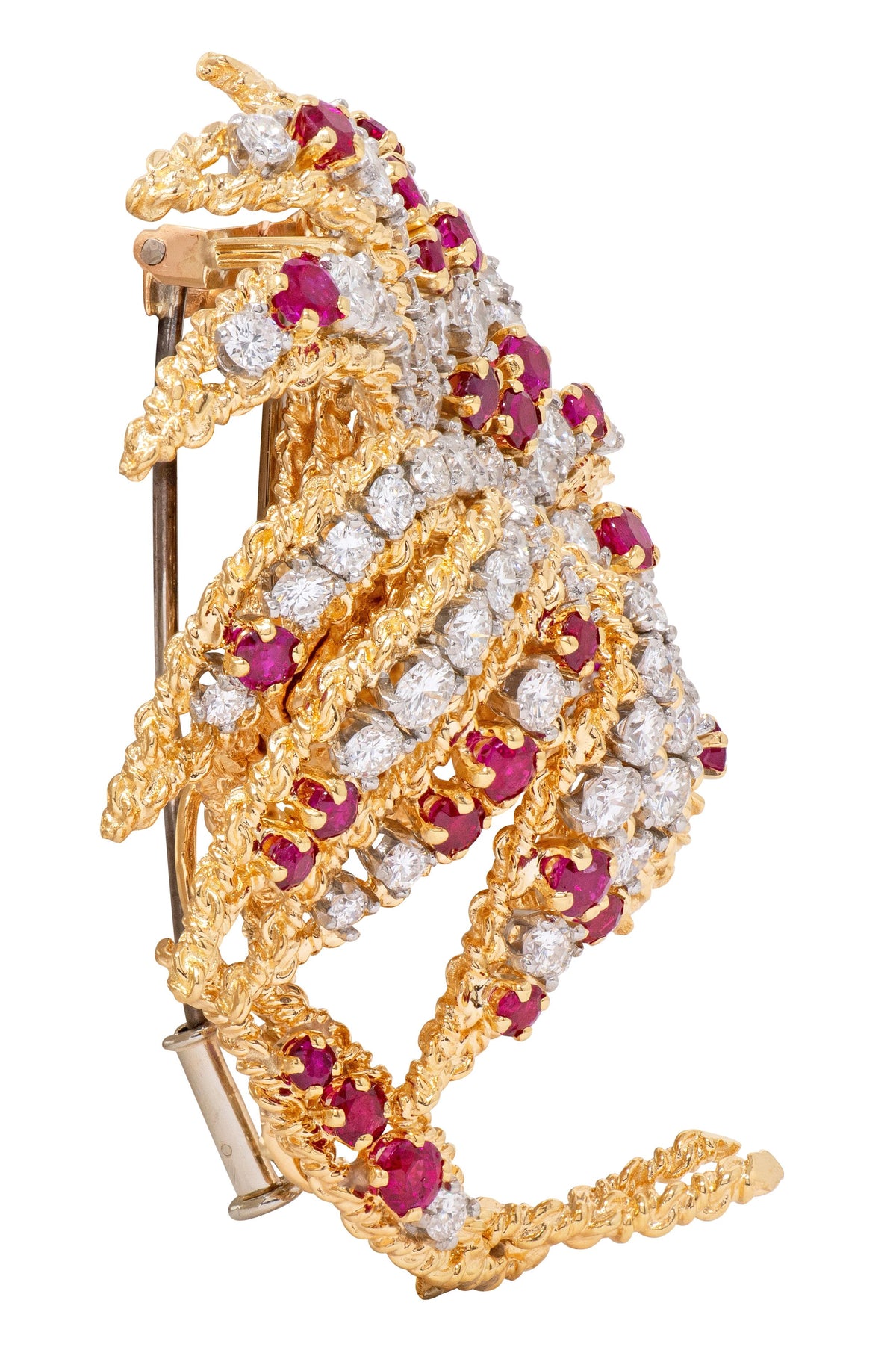 Van Cleef & Arpels French 1960's Diamond Ruby 18K Platinum Vintage Flower Brooch