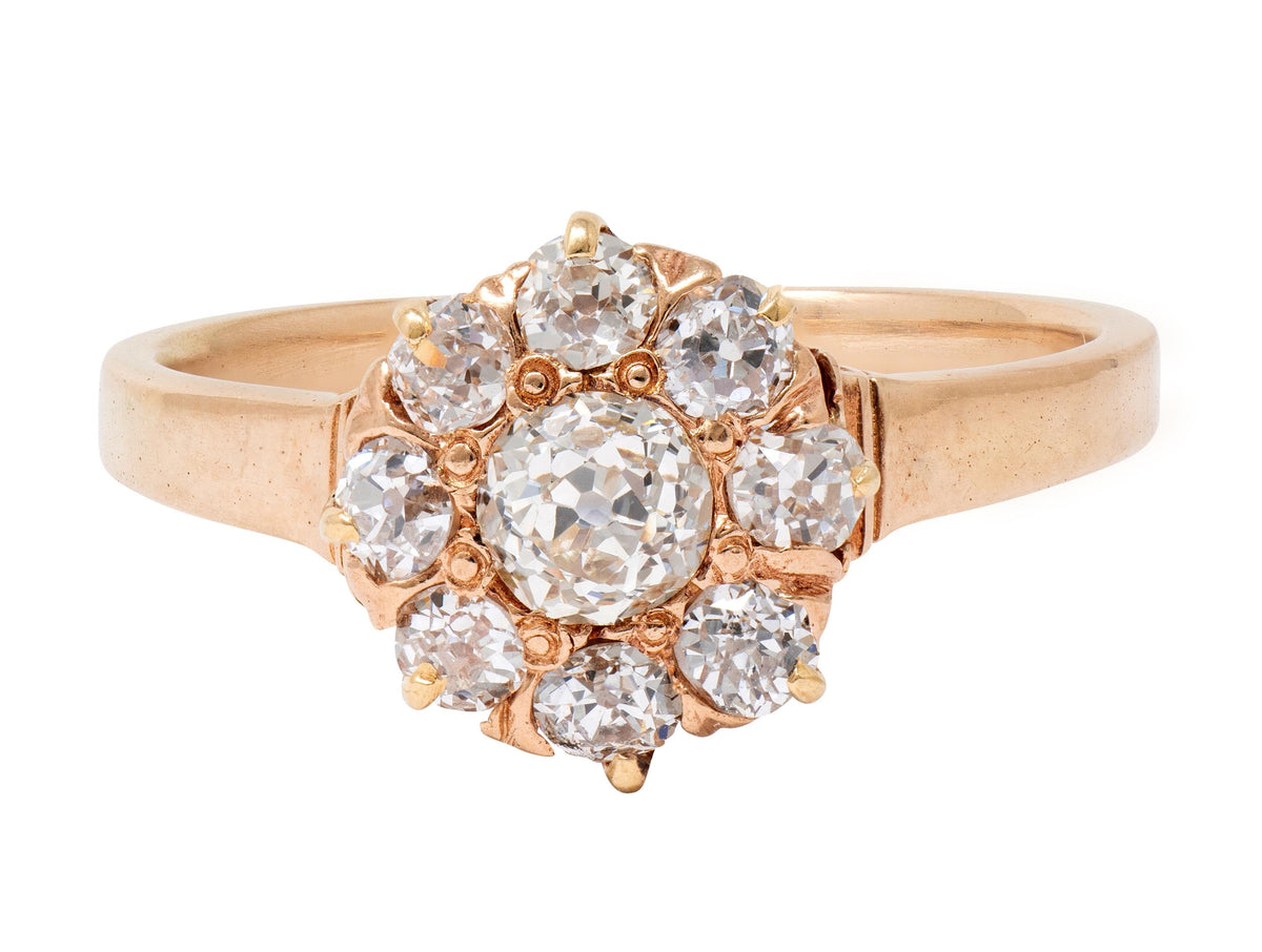 Victorian Old Mine Cut Diamond 14 Karat Yellow Gold Antique Halo Engagement Ring