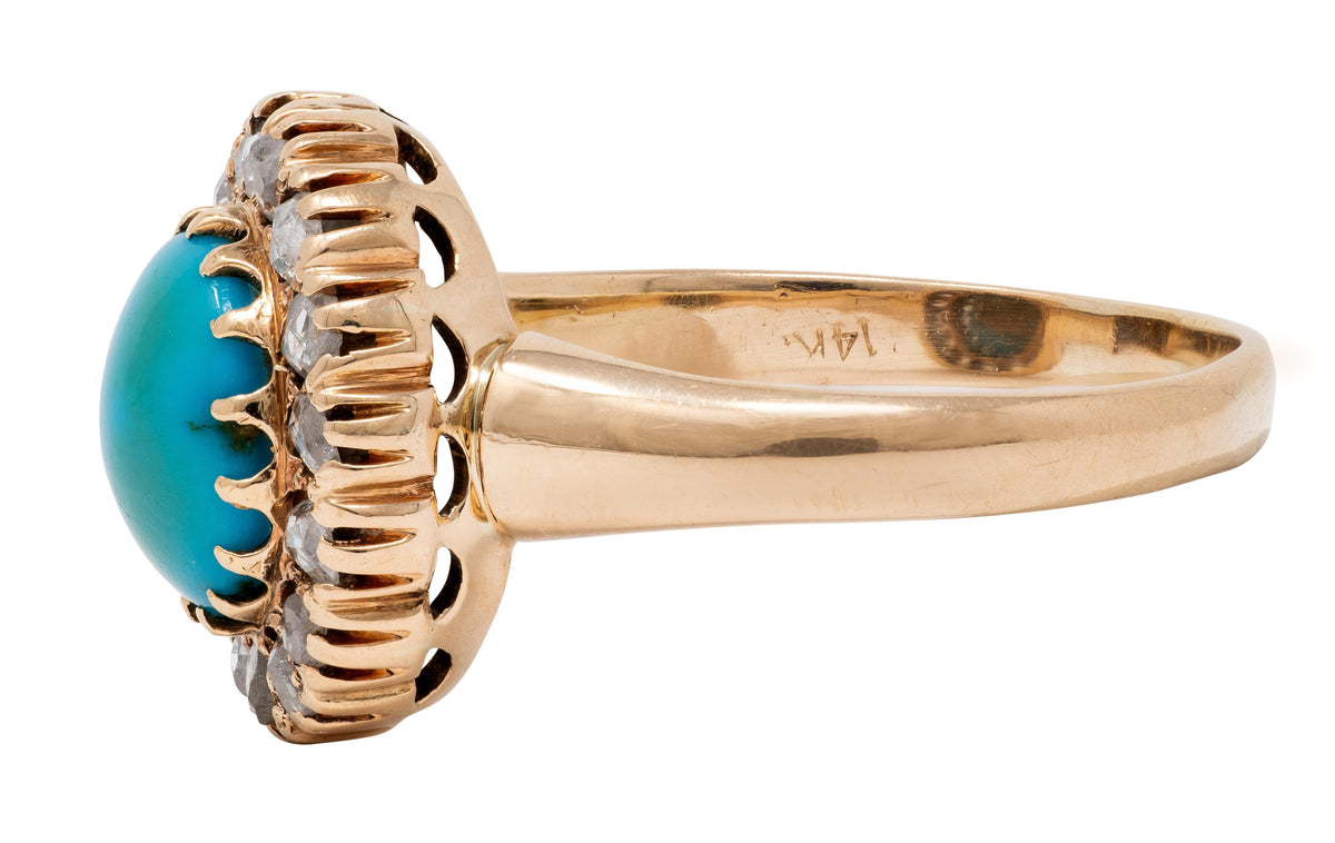 Victorian Turquoise Diamond 14 Karat Yellow Gold Antique Halo Ring