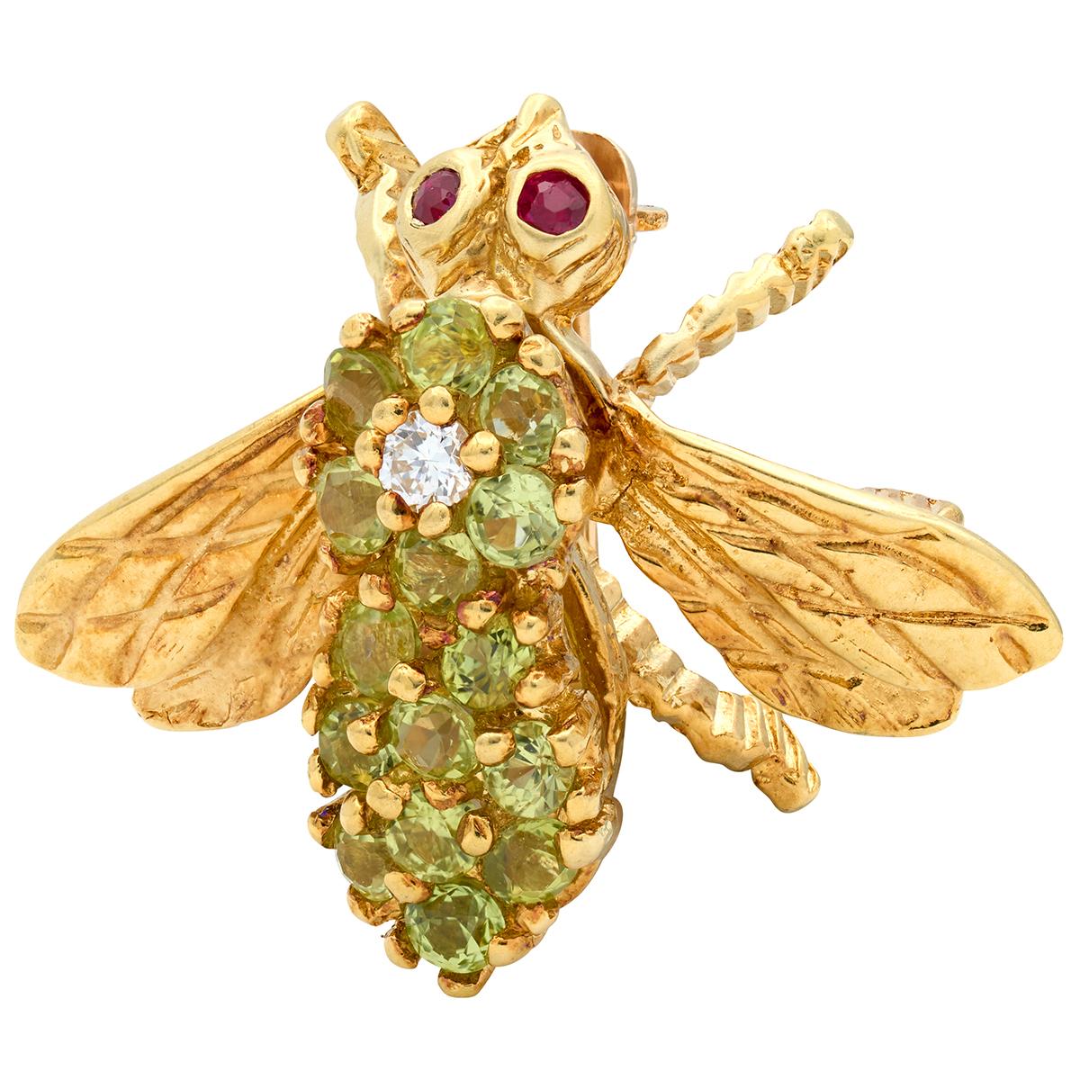 Herbert Rosenthal 1960's Diamond Peridot 18 Karat Yellow Gold Vintage Bee Brooch