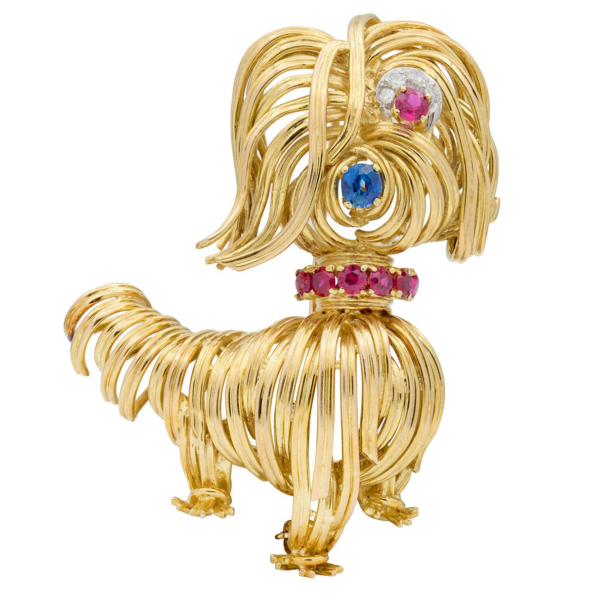 1960 Diamond Ruby Sapphire 14 Karat Yellow Gold Platinum Vintage Wire Dog Brooch