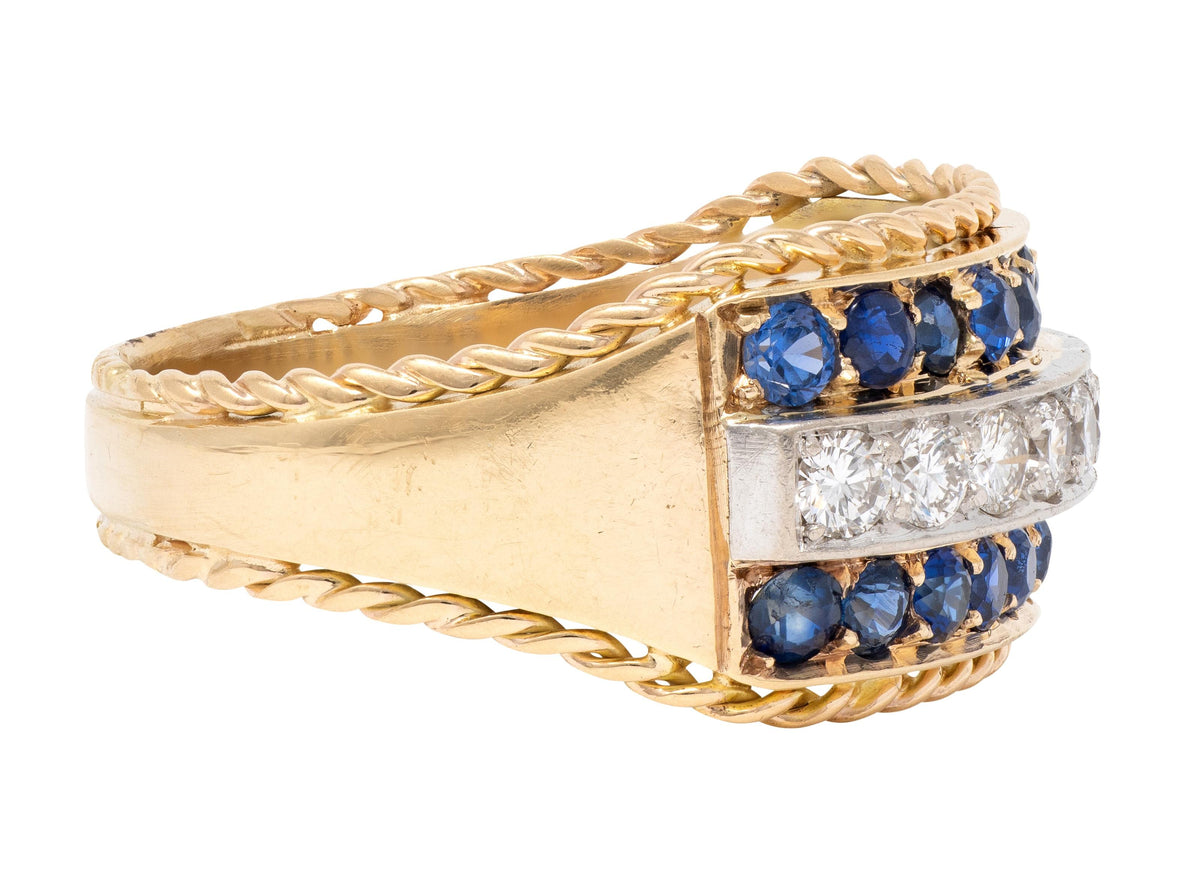 1960's Diamond Sapphire Platinum 14K Gold Vintage Twisted Rope Wide Band Ring