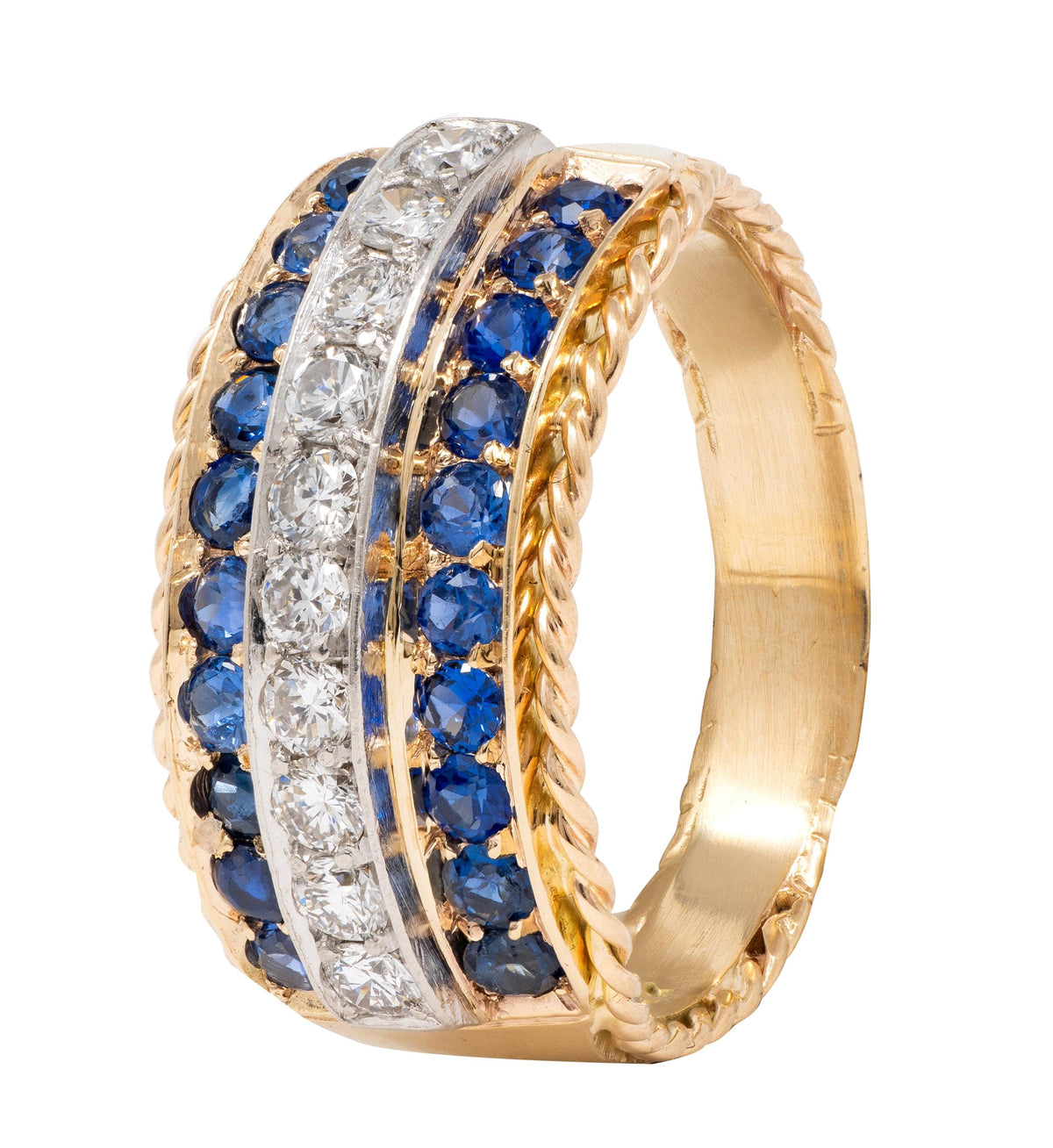 1960's Diamond Sapphire Platinum 14K Gold Vintage Twisted Rope Wide Band Ring