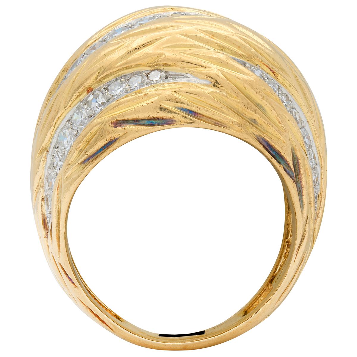 Mauboussin Paris 1960's Diamond 18 Karat Yellow Gold Platinum Vintage Dome Ring