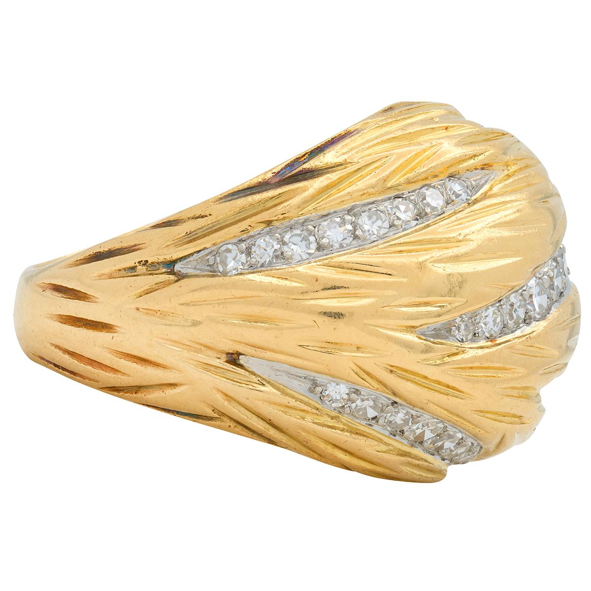 Mauboussin Paris 1960's Diamond 18 Karat Yellow Gold Platinum Vintage Dome Ring