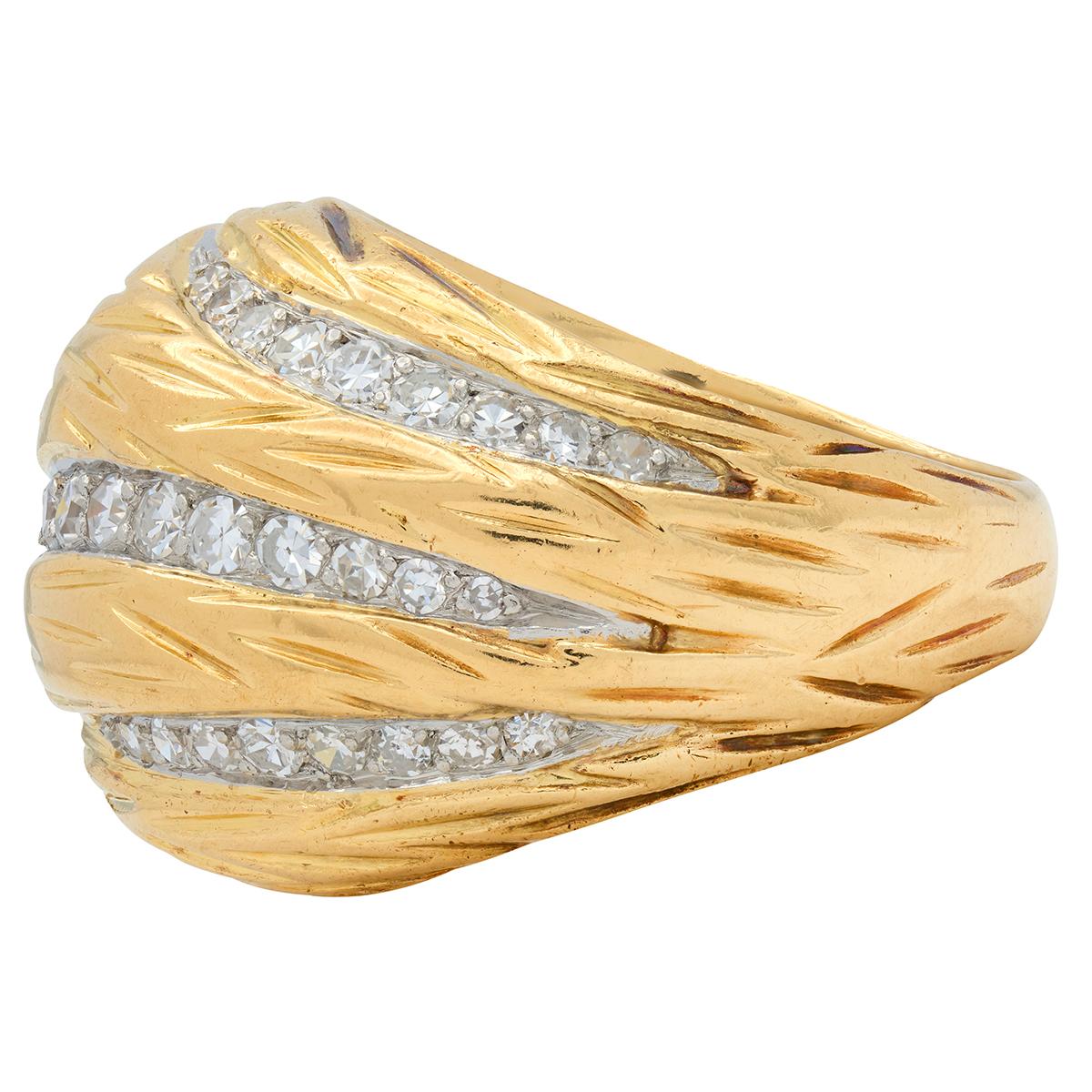 Mauboussin Paris 1960's Diamond 18 Karat Yellow Gold Platinum Vintage Dome Ring
