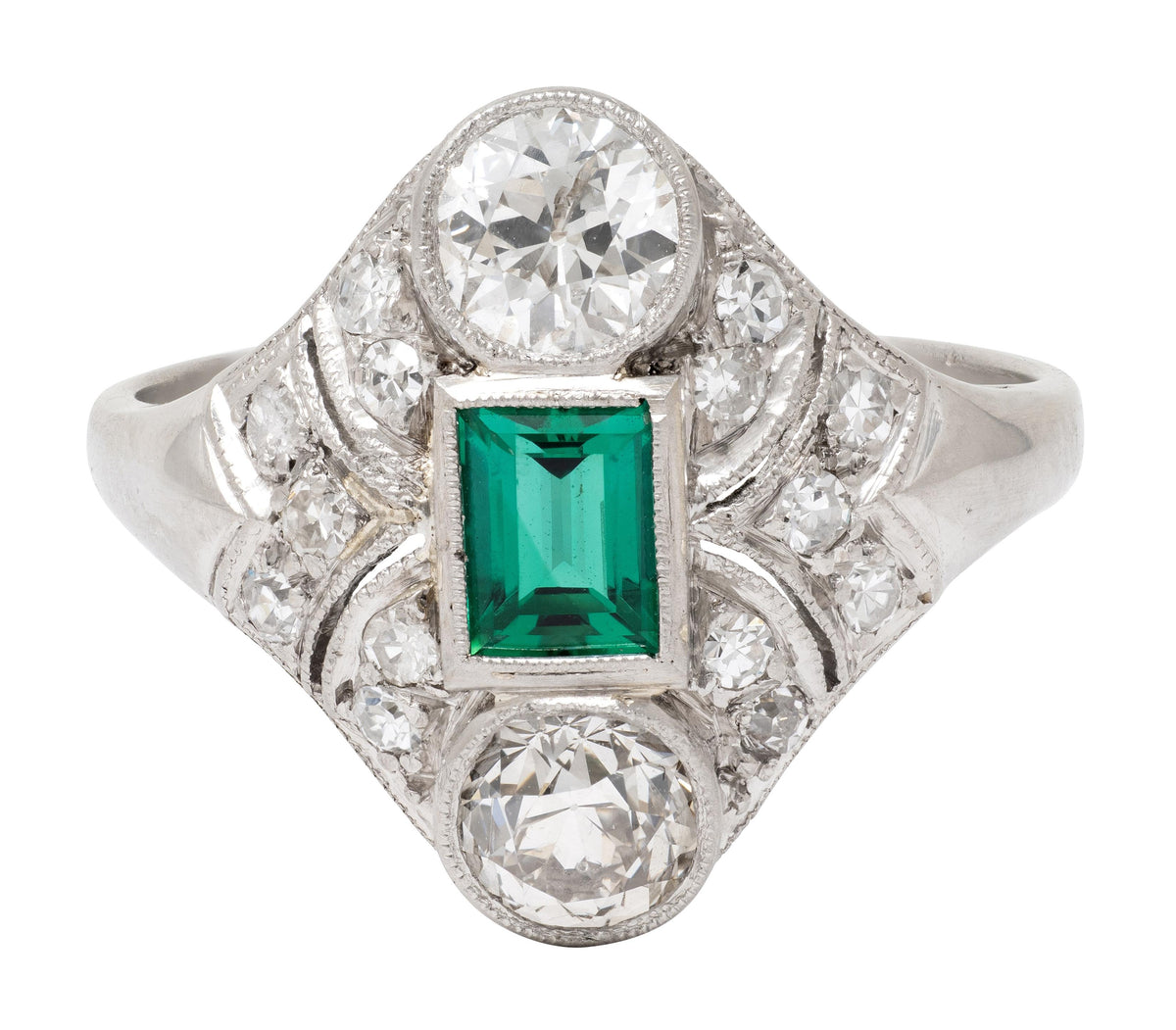 Art Deco 1.75 CTW Emerald Diamond Platinum Vintage Navette Dinner Ring