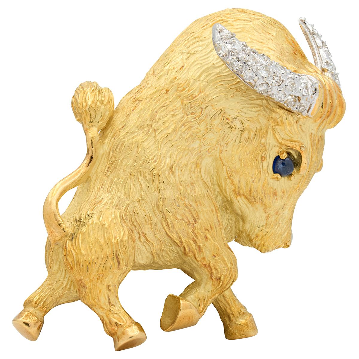 1960's Diamond Sapphire 18K Gold Vintage Whimsical Taurus Zodiac Bull Brooch