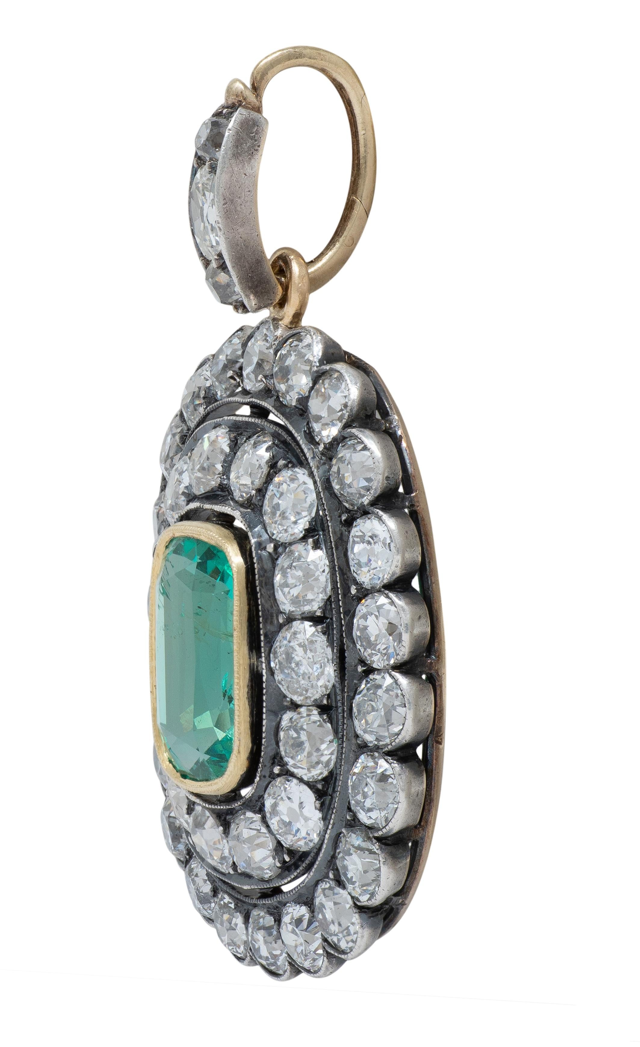 Victorian 8.72 CTW Emerald Diamond Silver 14K Yellow Gold Antique Halo Pendant