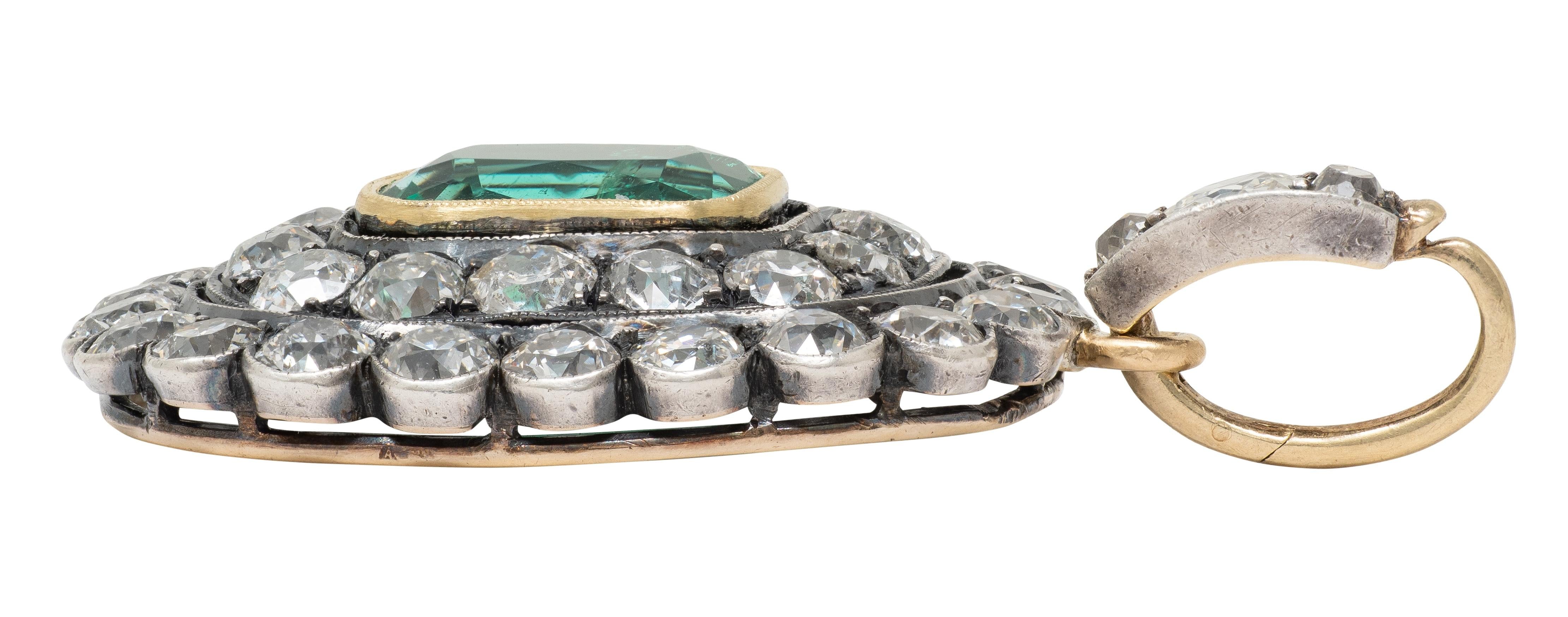 Victorian 8.72 CTW Emerald Diamond Silver 14K Yellow Gold Antique Halo Pendant