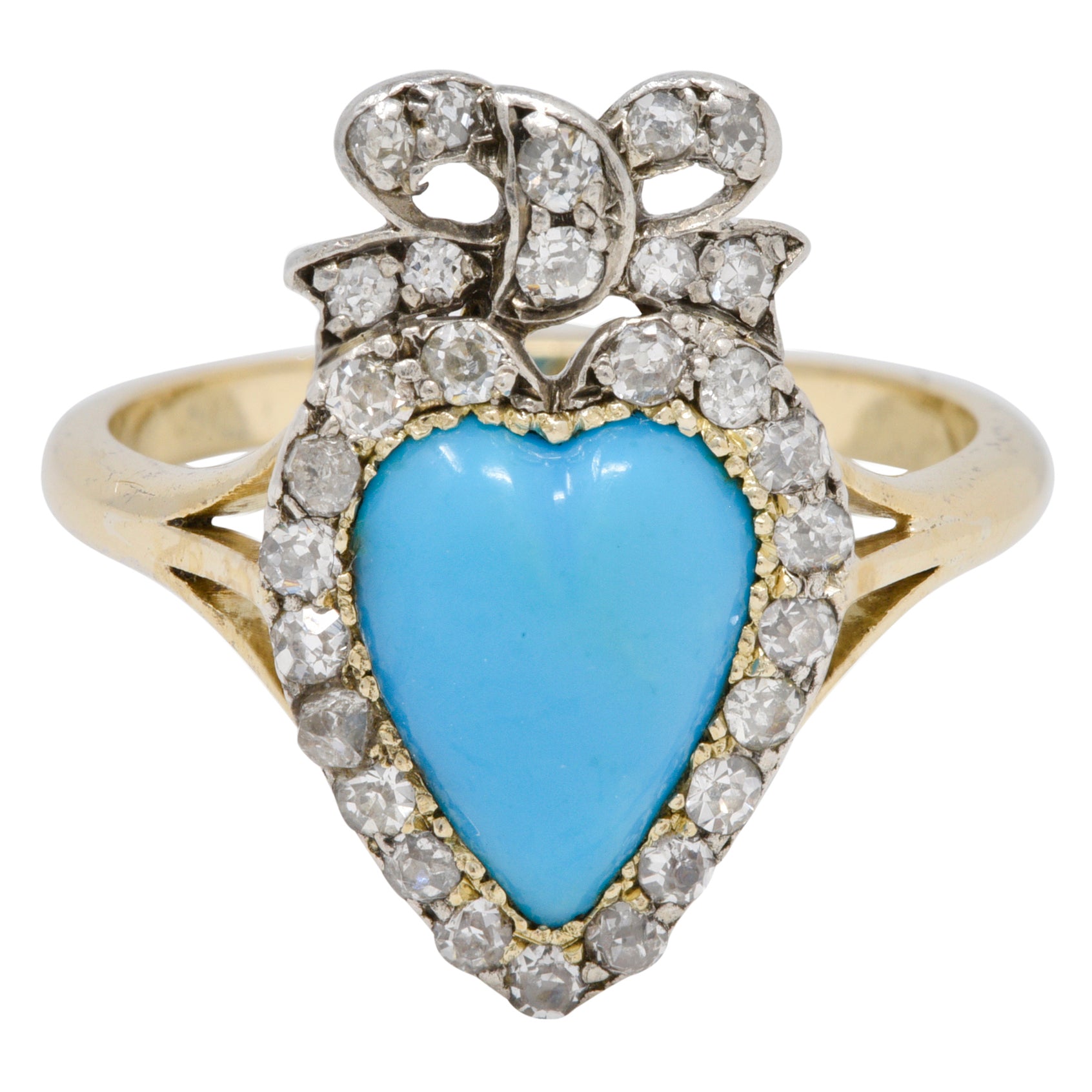 Victorian Turquoise Cabochon Diamond 18 Karat Yellow Gold Antique Heart Ring