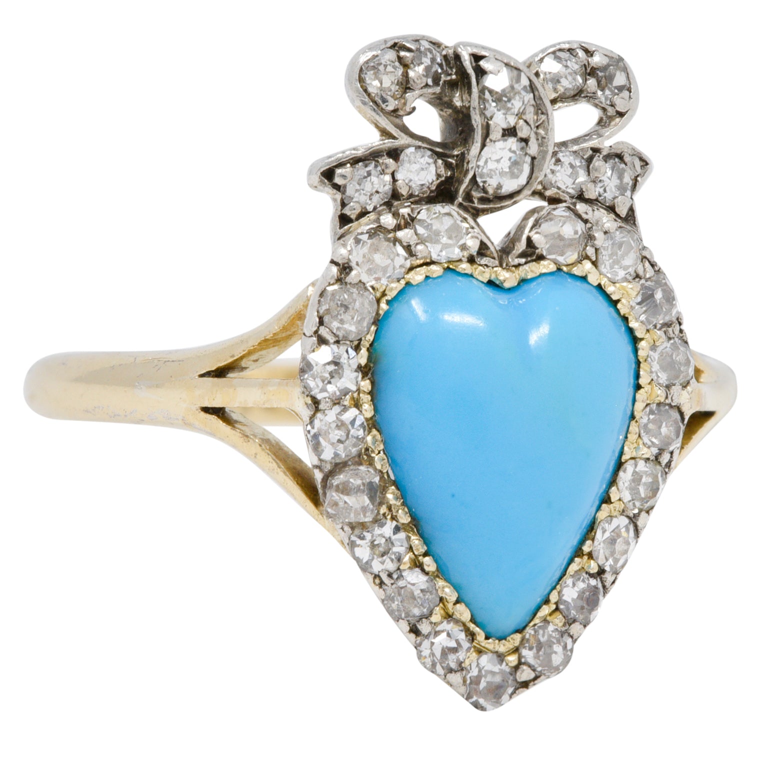 Victorian Turquoise Cabochon Diamond 18 Karat Yellow Gold Antique Heart Ring