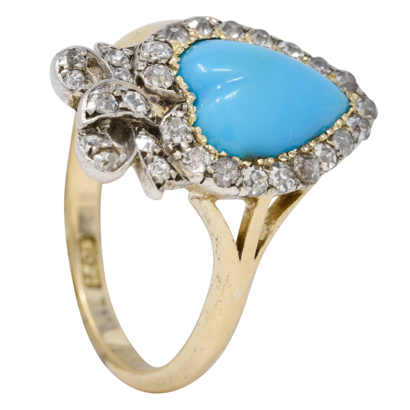 Victorian Turquoise Cabochon Diamond 18 Karat Yellow Gold Antique Heart Ring