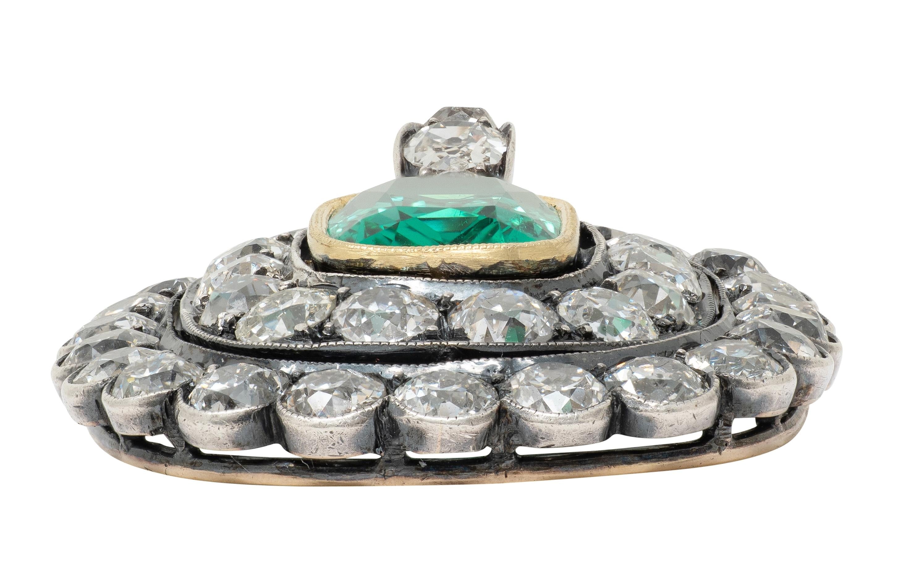 Victorian 8.72 CTW Emerald Diamond Silver 14K Yellow Gold Antique Halo Pendant