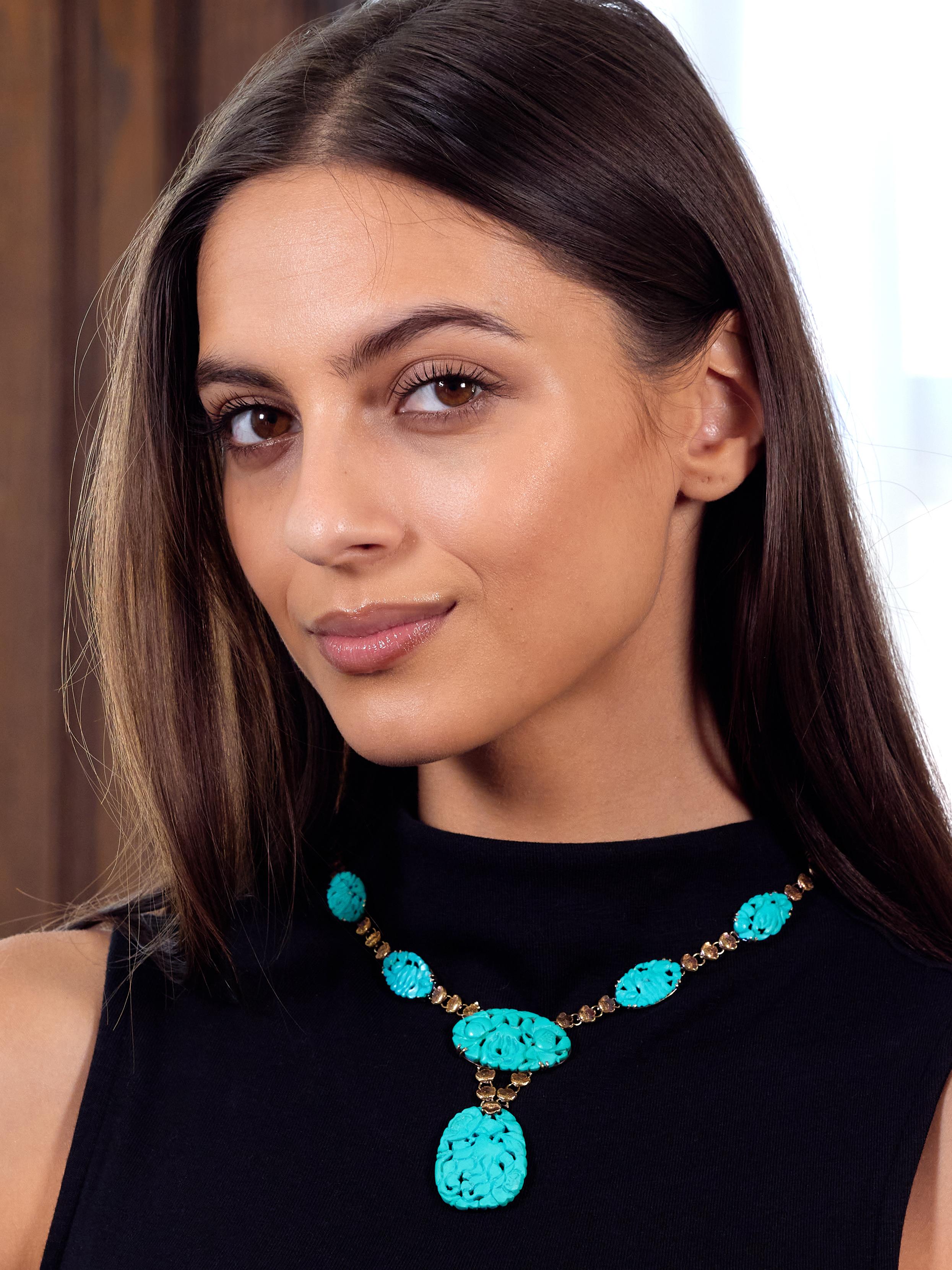 Walter Lampl Art Nouveau Turquoise 14K Gold Antique Floral Drop Necklace