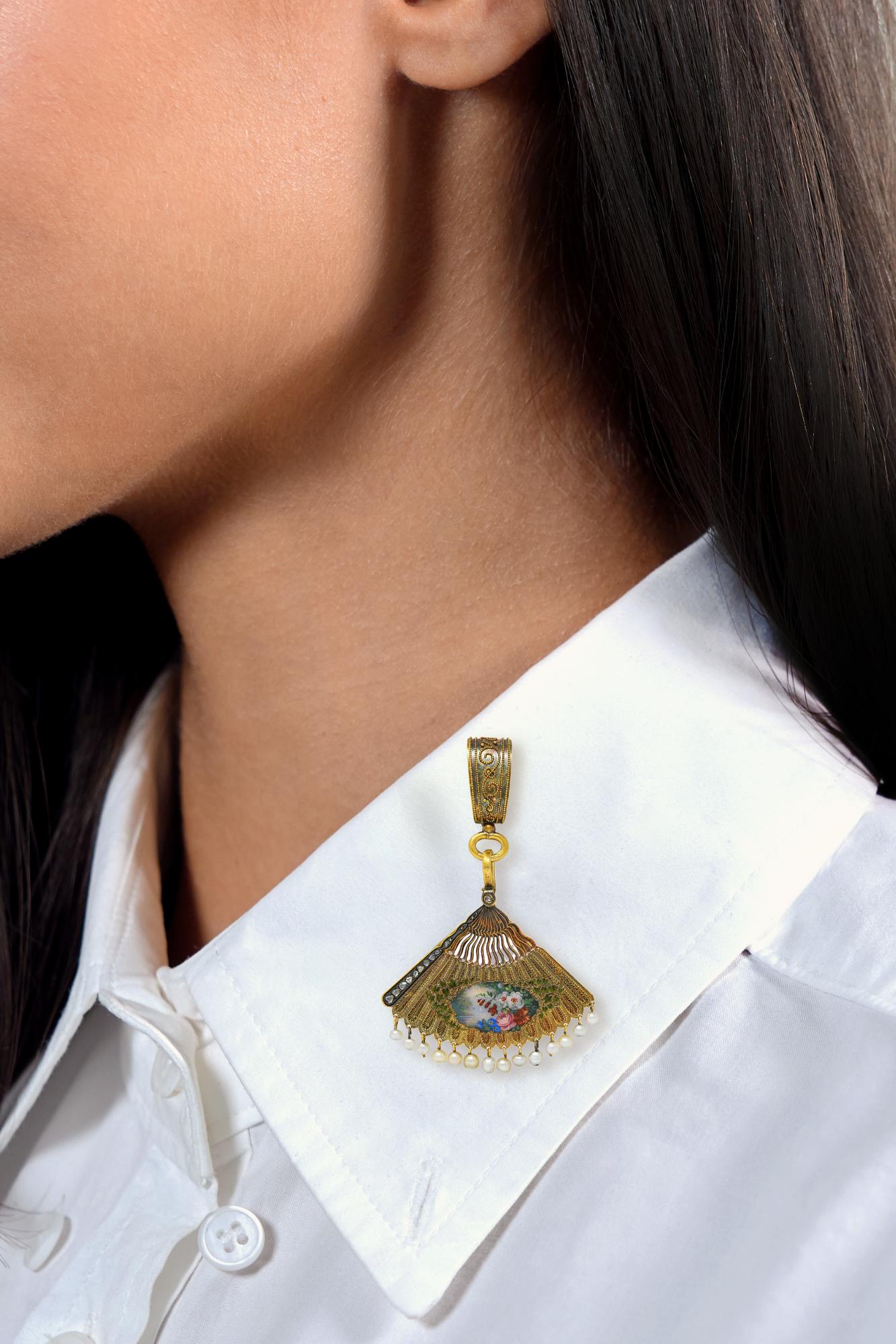 Victorian Diamond Pearl Enamel 18 Karat Yellow Gold Antique Scenic Dog Fan Locket Pendant Brooch