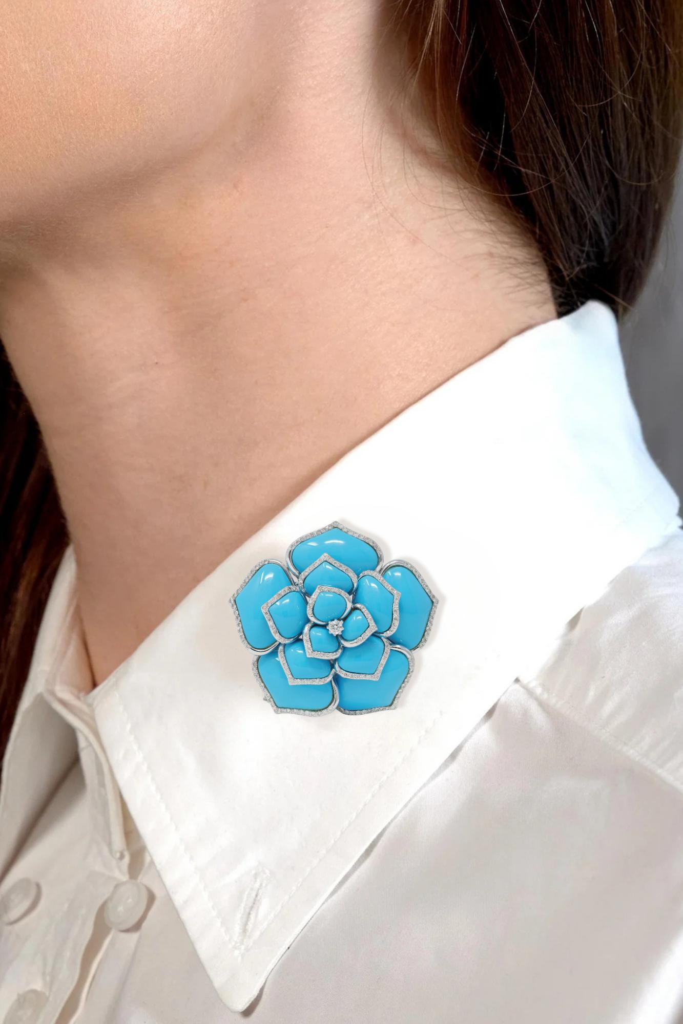Contemporary 1.85 CTW Diamond Turquoise 18 Karat White Gold Flower Brooch