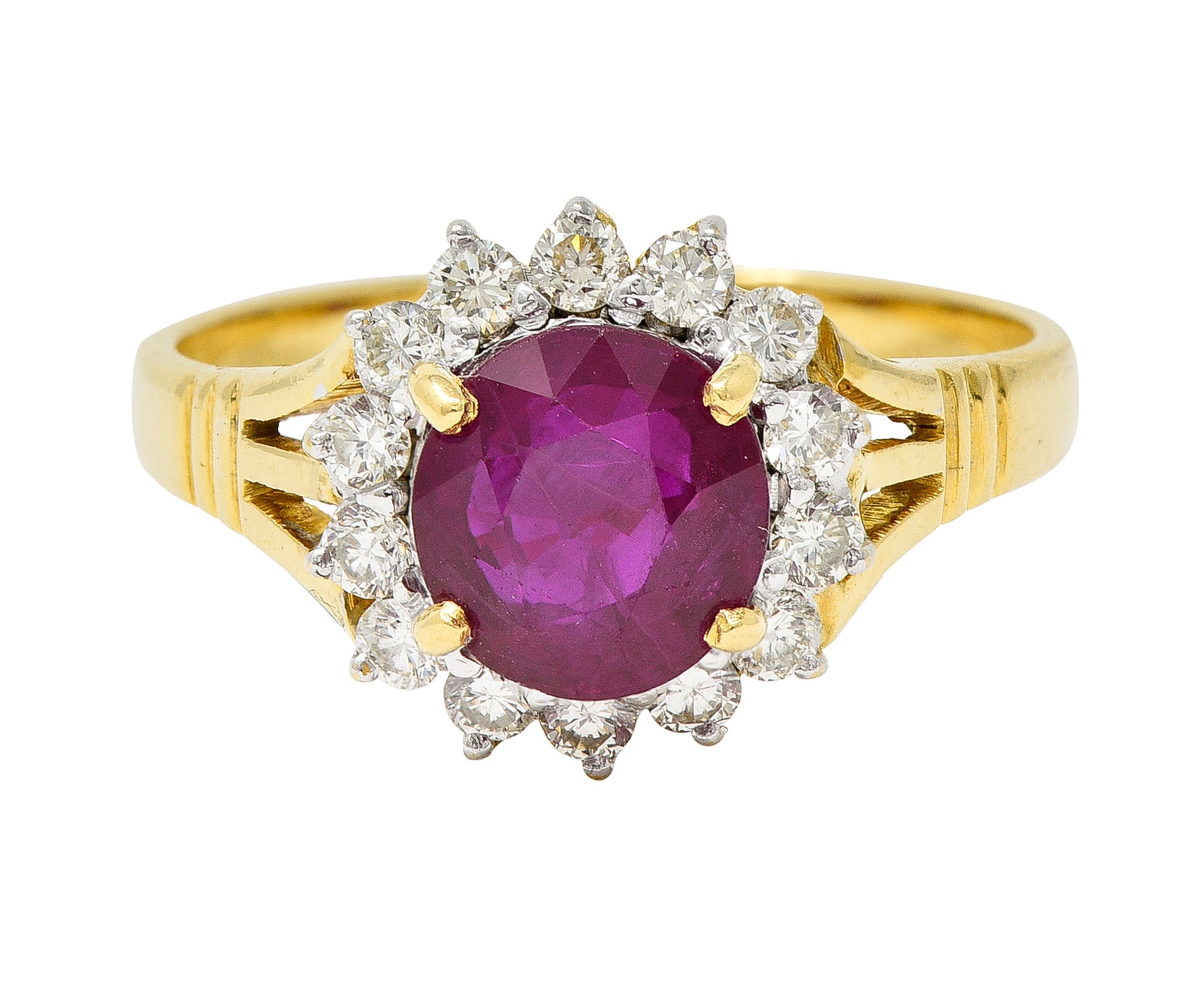 Mid-Century 2.00 CTW Burma Ruby Diamond 18 Karat Yellow Gold Vintage Halo Ring GIA Wilson's Estate Jewelry