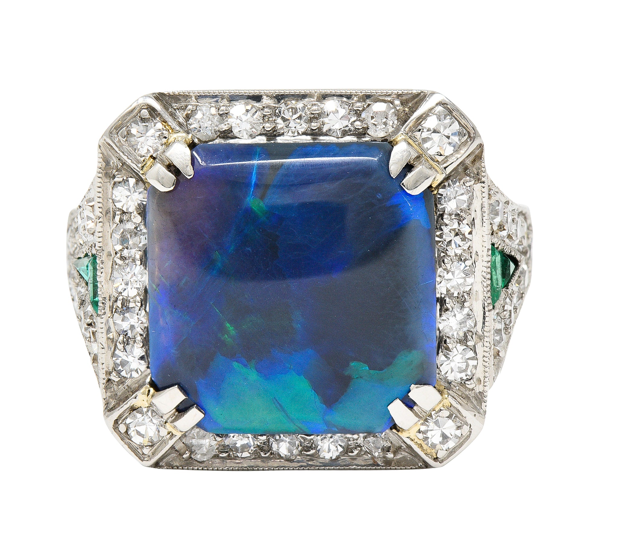 Marcus & Co. Art Deco Octagonal Black Opal Emerald Diamond Platinum Foliate Halo Vintage Ring GIA Wilson's Estate Jewelry