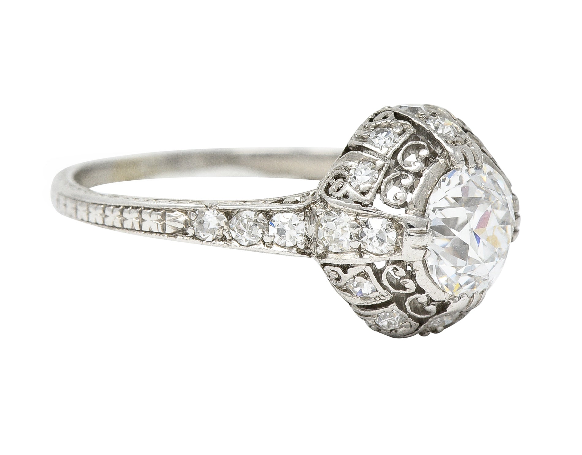 Art Deco 1.27 CTW Old Mine Cut Diamond Platinum Domed Whiplash Vintage Engagement Ring Wilson's Estate Jewelry