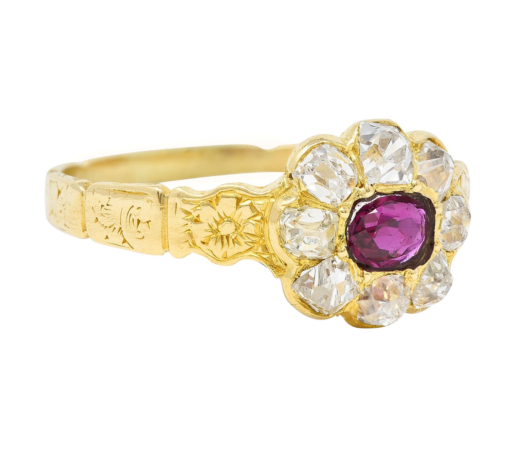 Victorian Cushion Cut Ruby Diamond 18 Karat Yellow Gold Orange Blossom Antique Halo Cluster Ring Wilson's Estate Jewelry